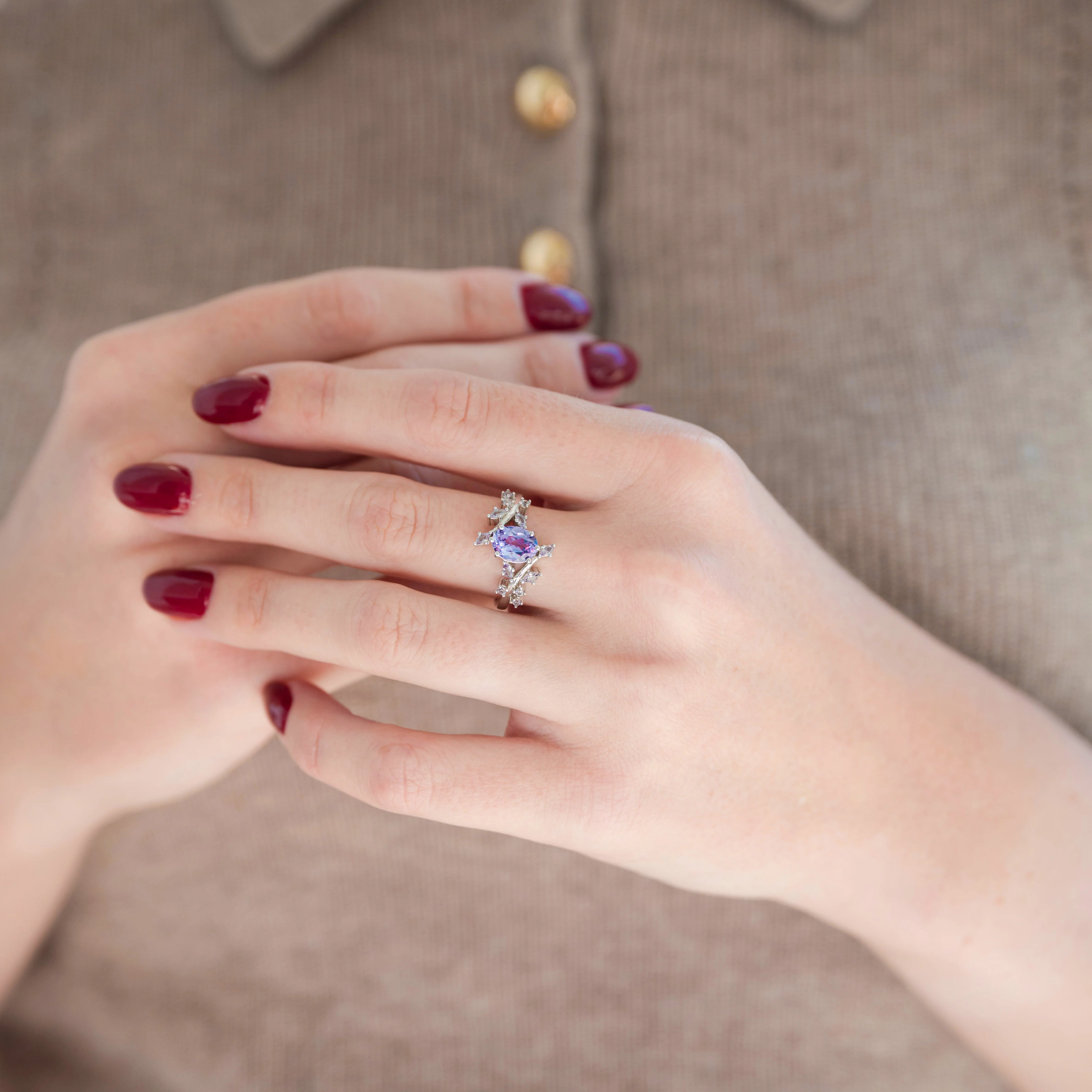 Galaxy Alexandrite Leaf Couples Ring Set - Image 5