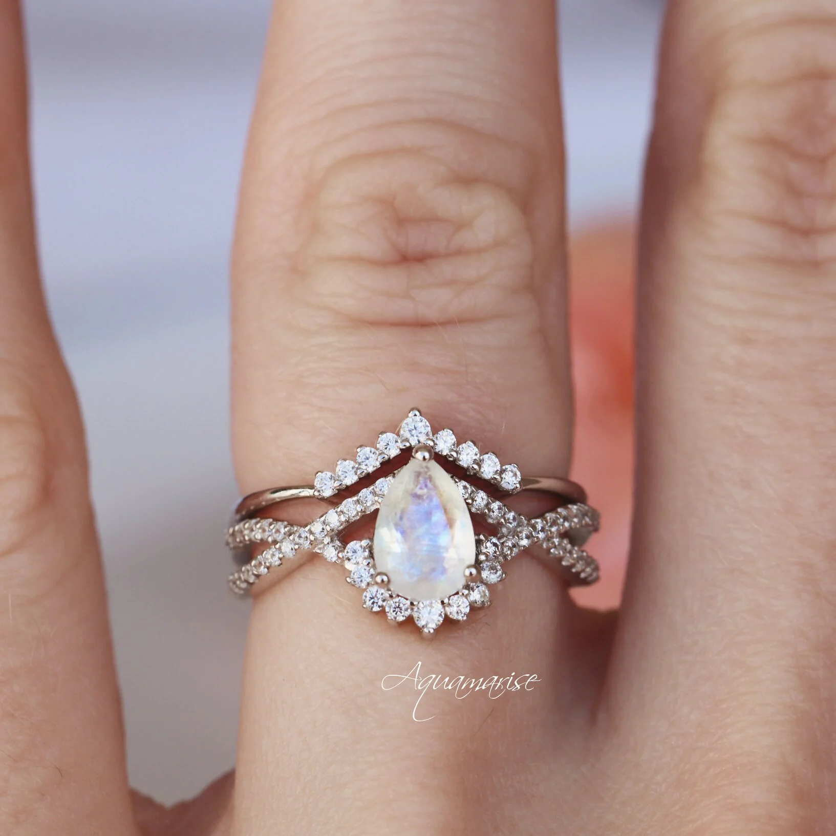 Alice Moonstone Engagement Ring Set in 14K White Gold - Image 2