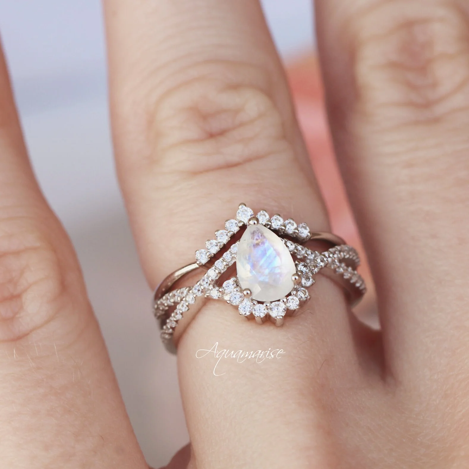 Alice Moonstone Engagement Ring Set in 14K White Gold - Image 3