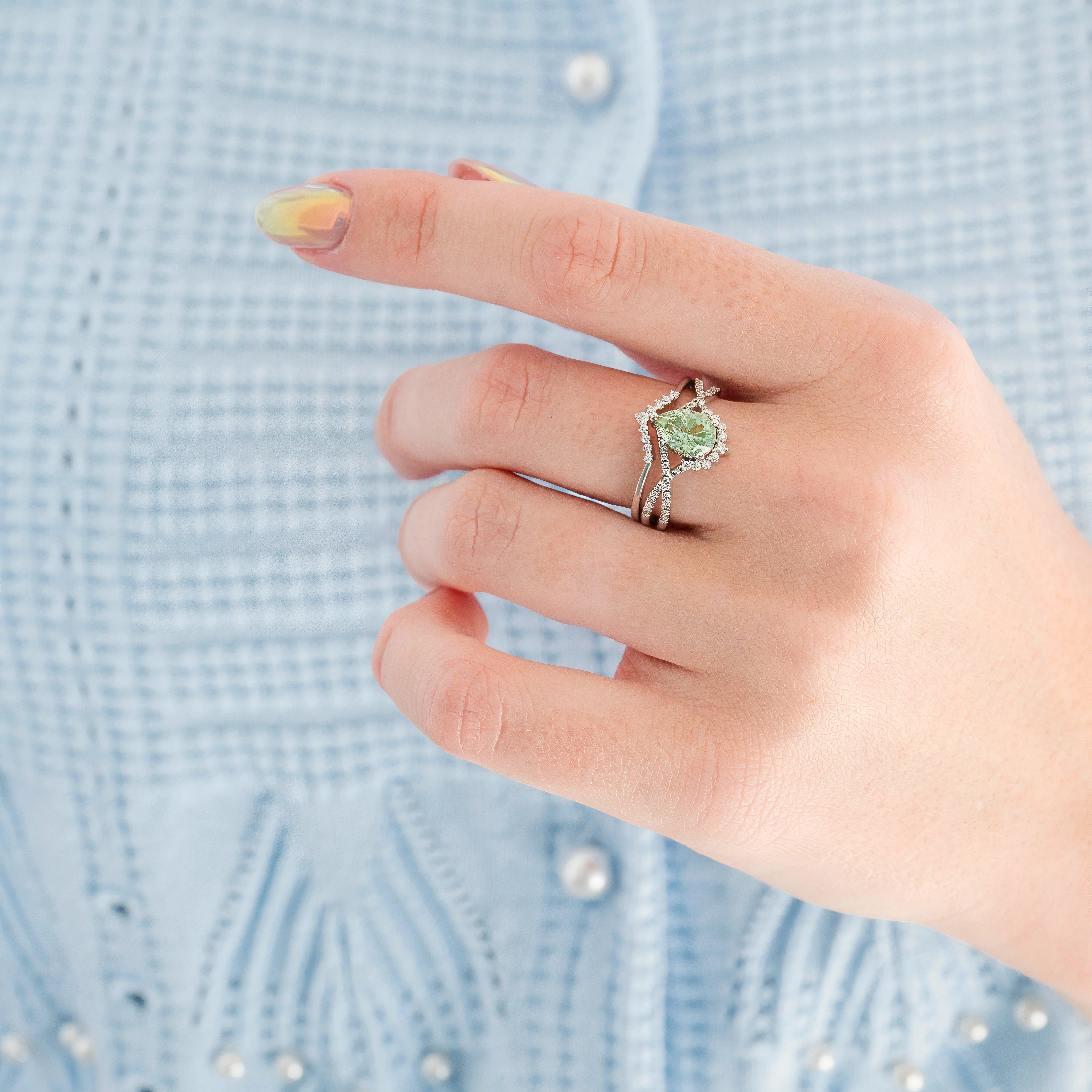 Alice Fireworks Cut Light Green Sapphire Engagement Ring Set in Sterling Silver - Image 2