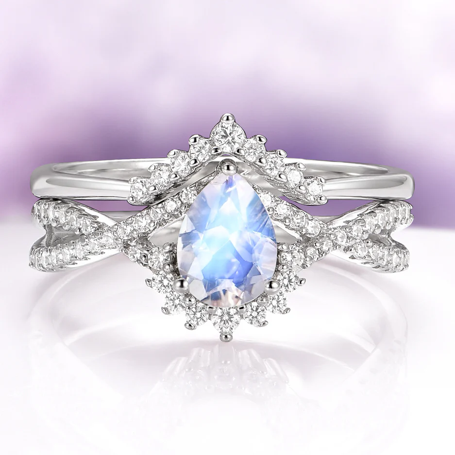 Alice Rainbow Moonstone Couples Ring Set - Image 2