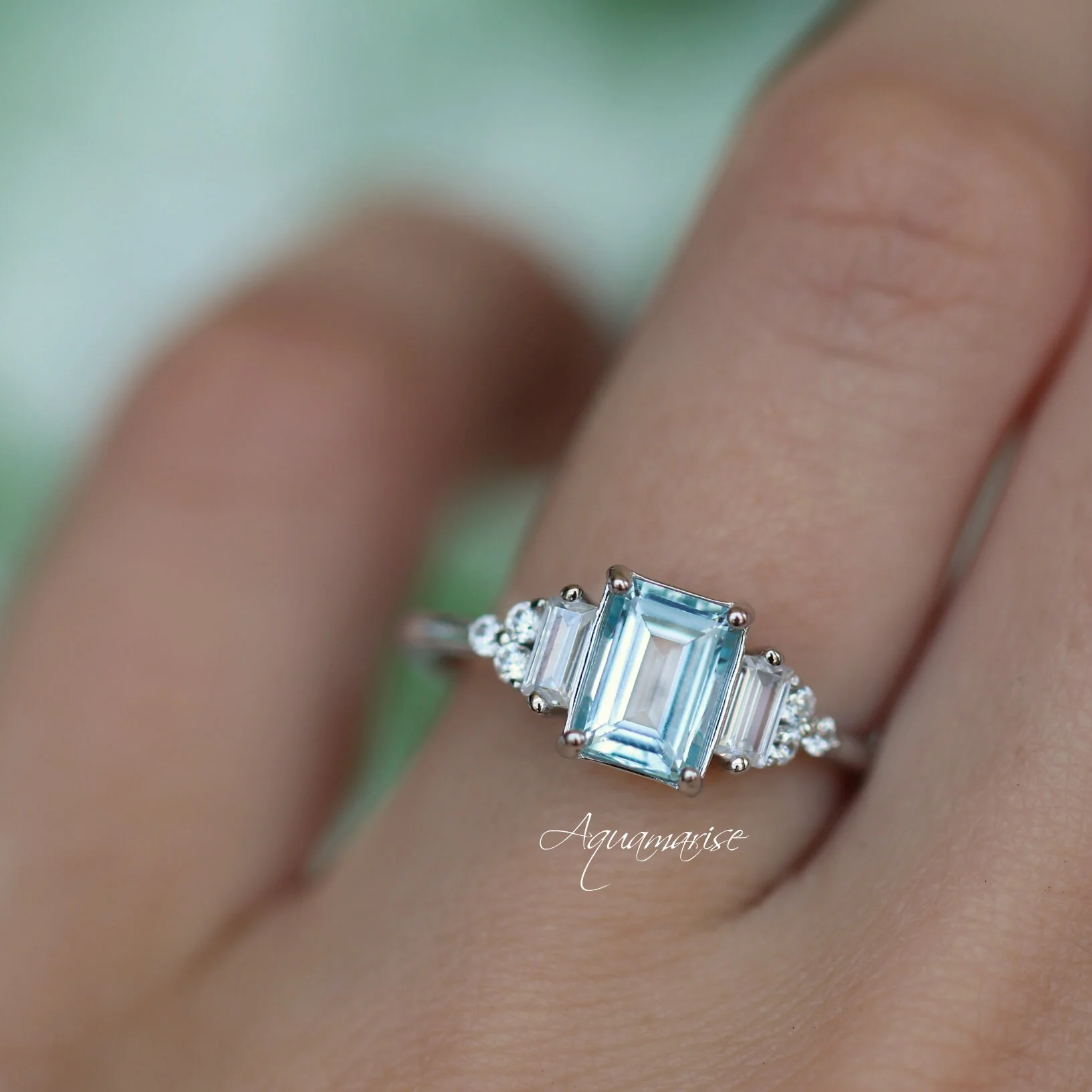 Amelia Emerald Cut Aquamarine Engagement Ring in 14K White Gold - Image 3