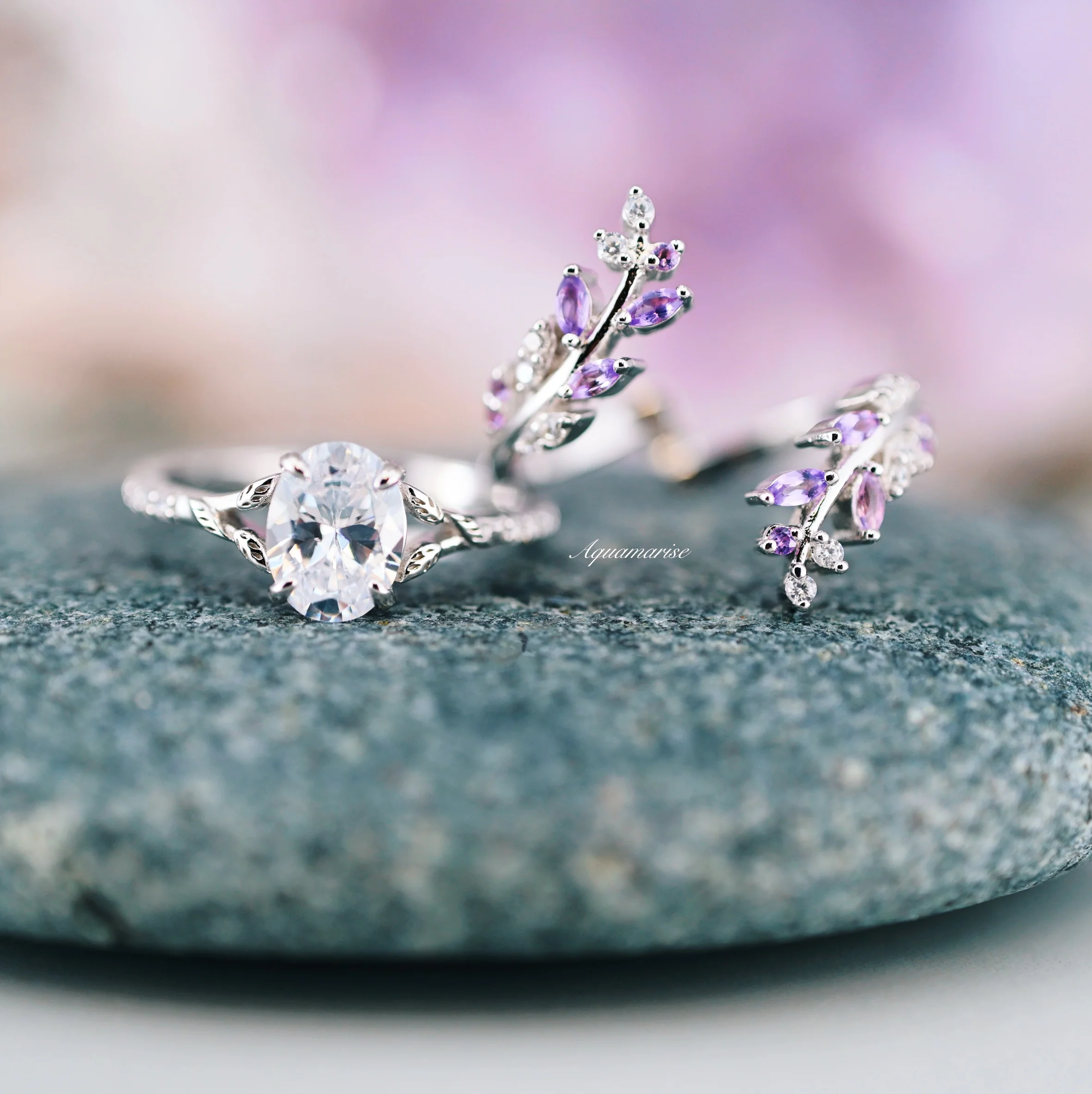 Simulated Diamond & Amethyst Leaf Couples Ring Set - Image 5