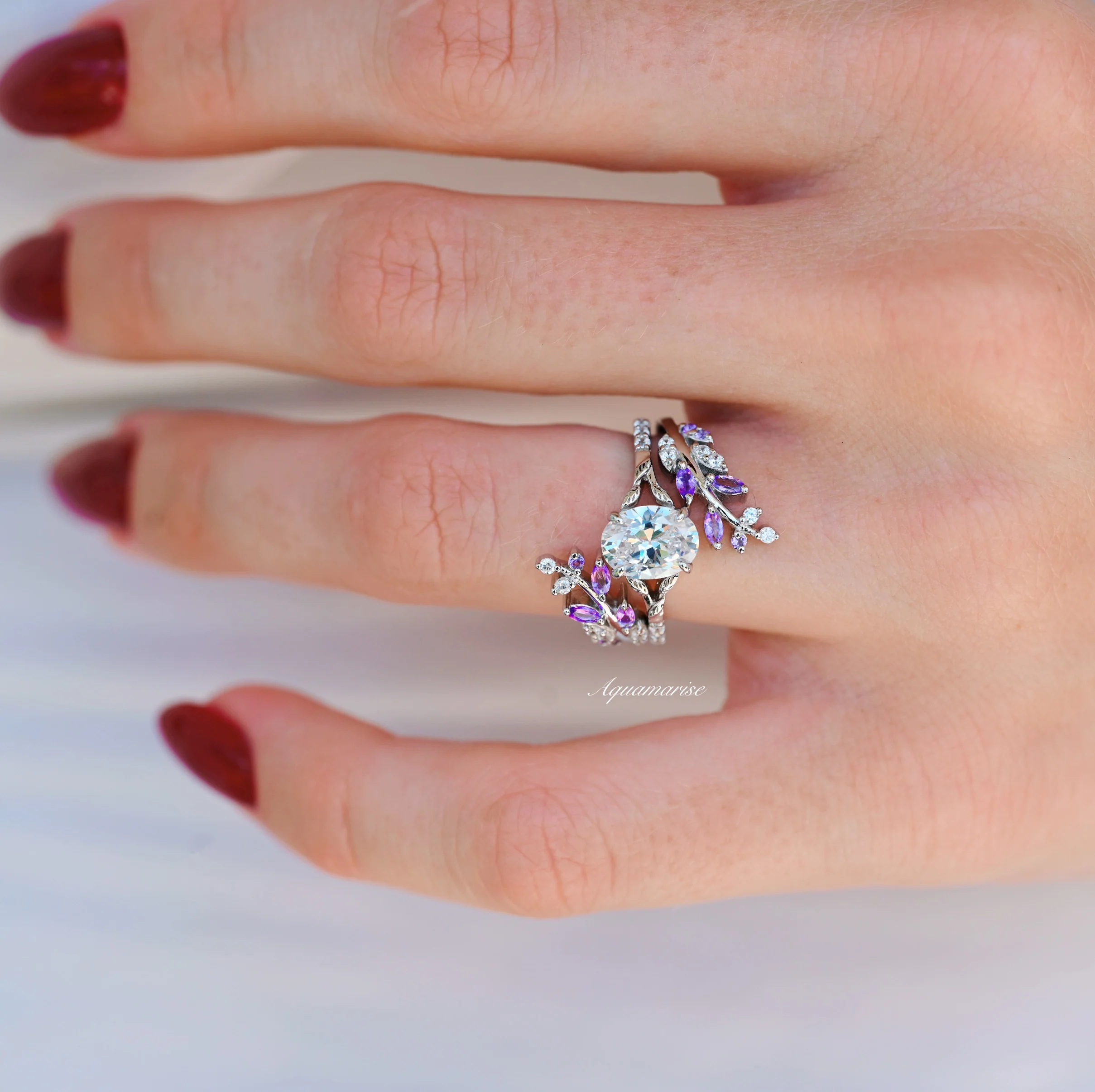 Simulated Diamond & Amethyst Leaf Couples Ring Set - Image 6