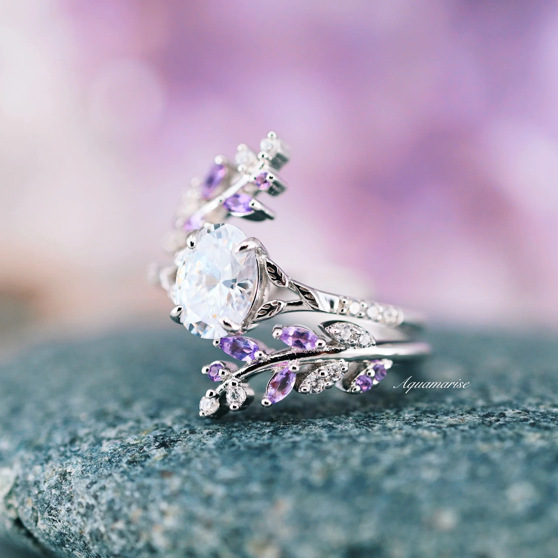 Simulated Diamond & Amethyst Leaf Couples Ring Set - Image 7