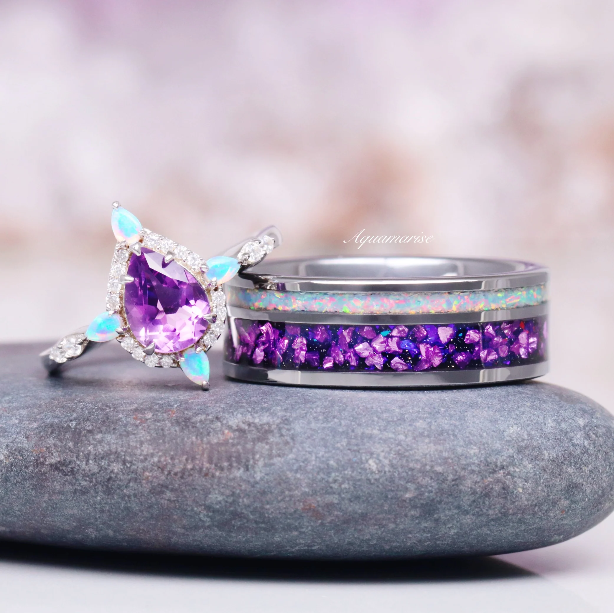 Galaxy Amethyst & Fire Opal Wedding Band- 8MM Tungsten Carbide - Image 3