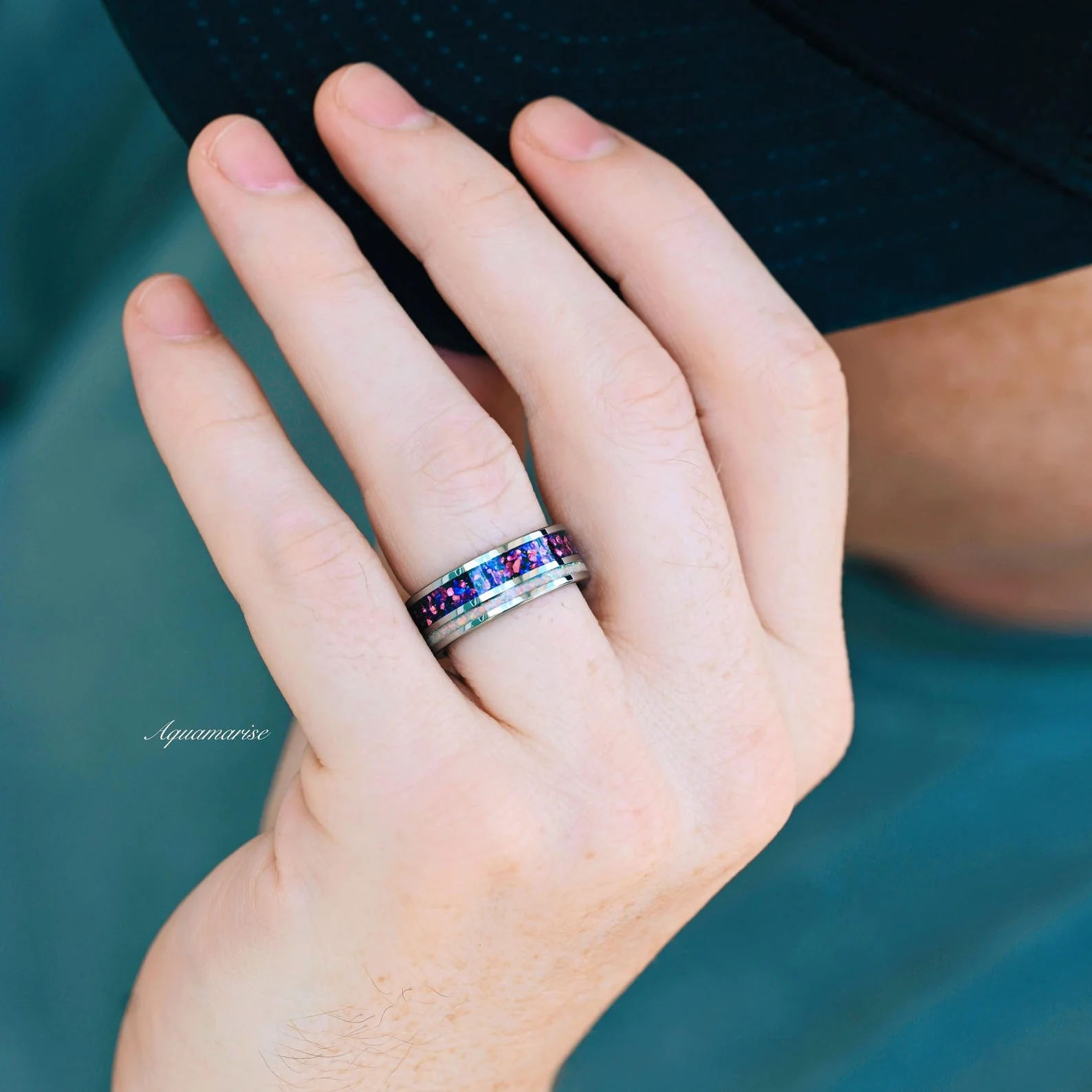Galaxy Amethyst & Fire Opal Wedding Band- 8MM Tungsten Carbide - Image 4