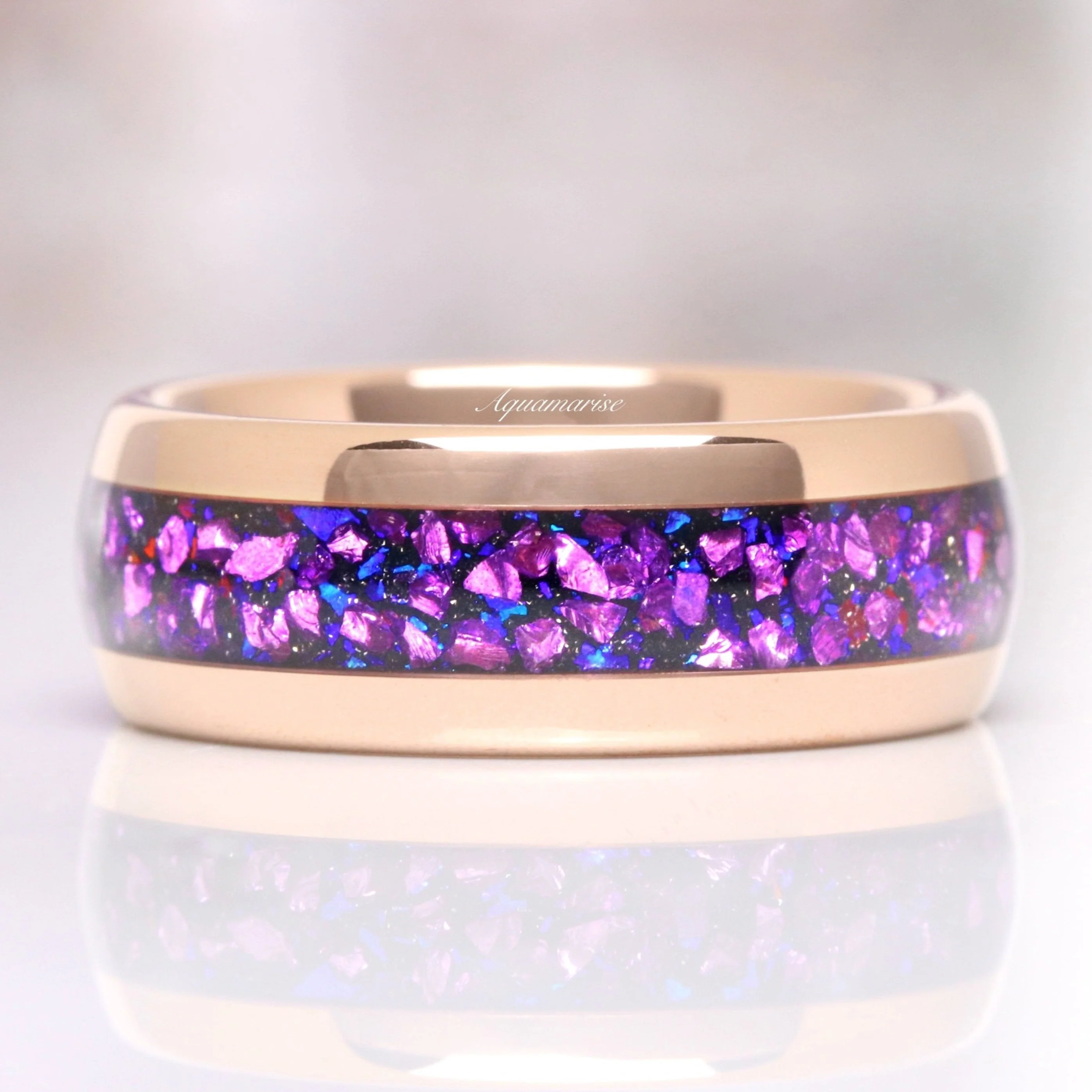 Crushed Galaxy Amethyst Wedding Band in Rose Gold Tungsten (8mm)