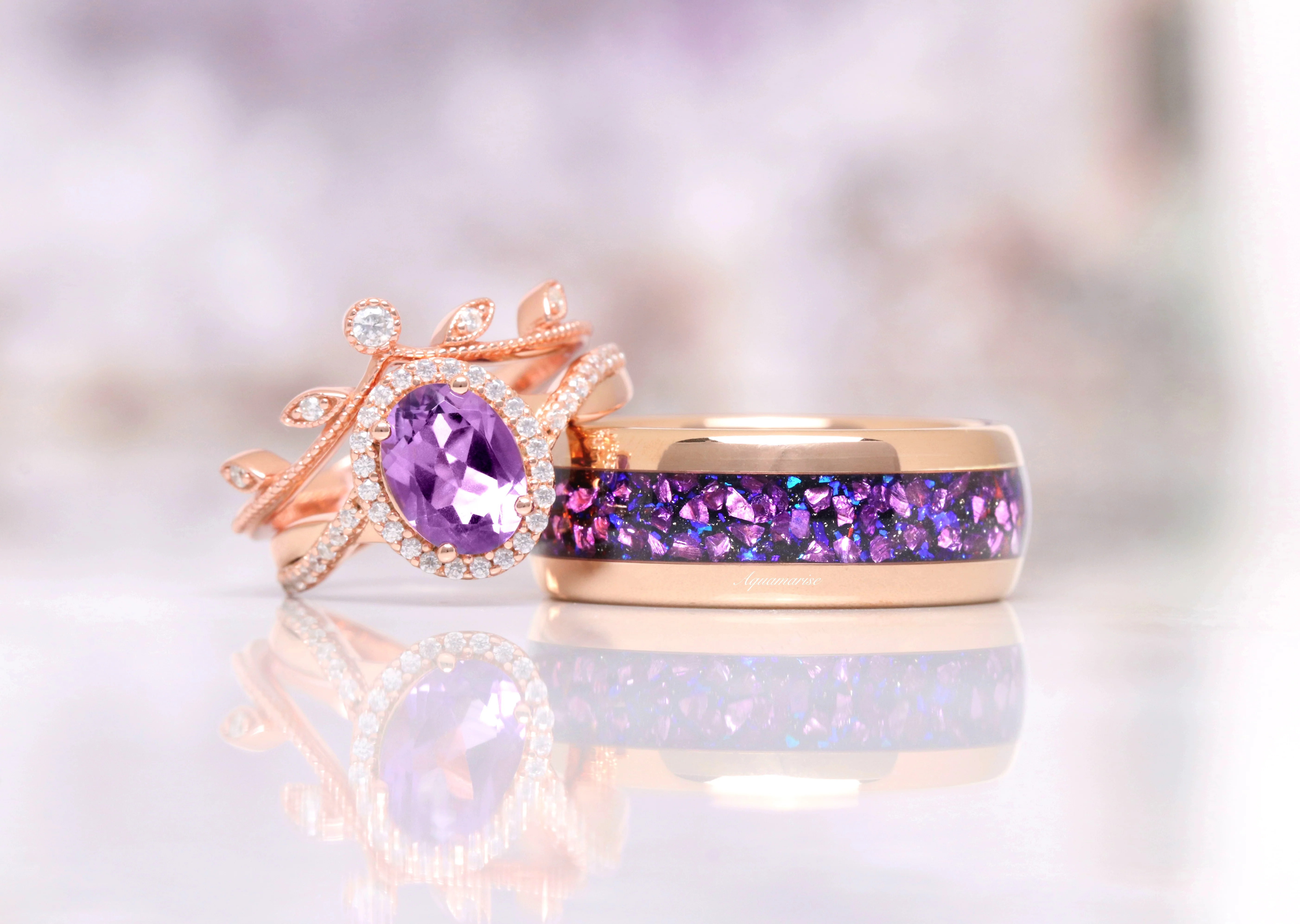 Crushed Galaxy Amethyst Wedding Band in Rose Gold Tungsten (8mm) - Image 3