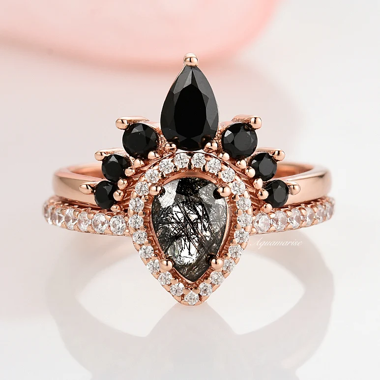 Amy Rutilated Quartz & Black Onyx Ring Set in 14K Rose Gold Vermeil