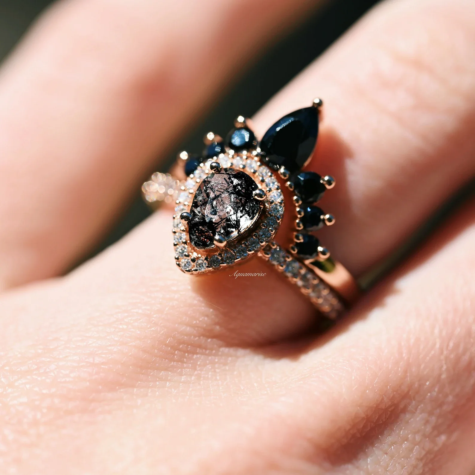 Amy Rutilated Quartz & Black Onyx Ring Set in 14K Rose Gold Vermeil - Image 3