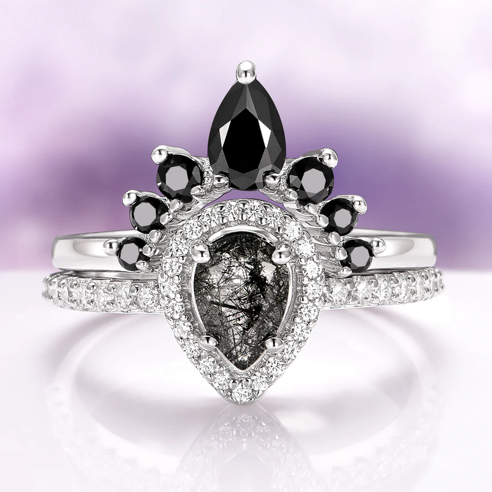 Amy Rutilated Quartz & Black Moissanite Engagement Ring Set in 14K White Gold