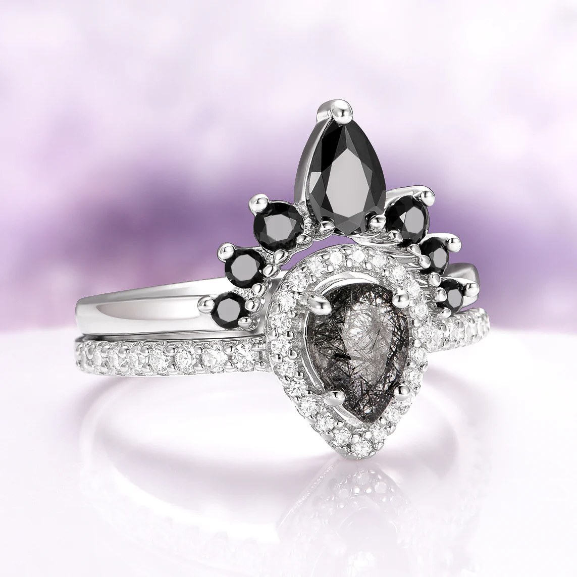 Amy Rutilated Quartz & Black Moissanite Engagement Ring Set in 14K White Gold - Image 7