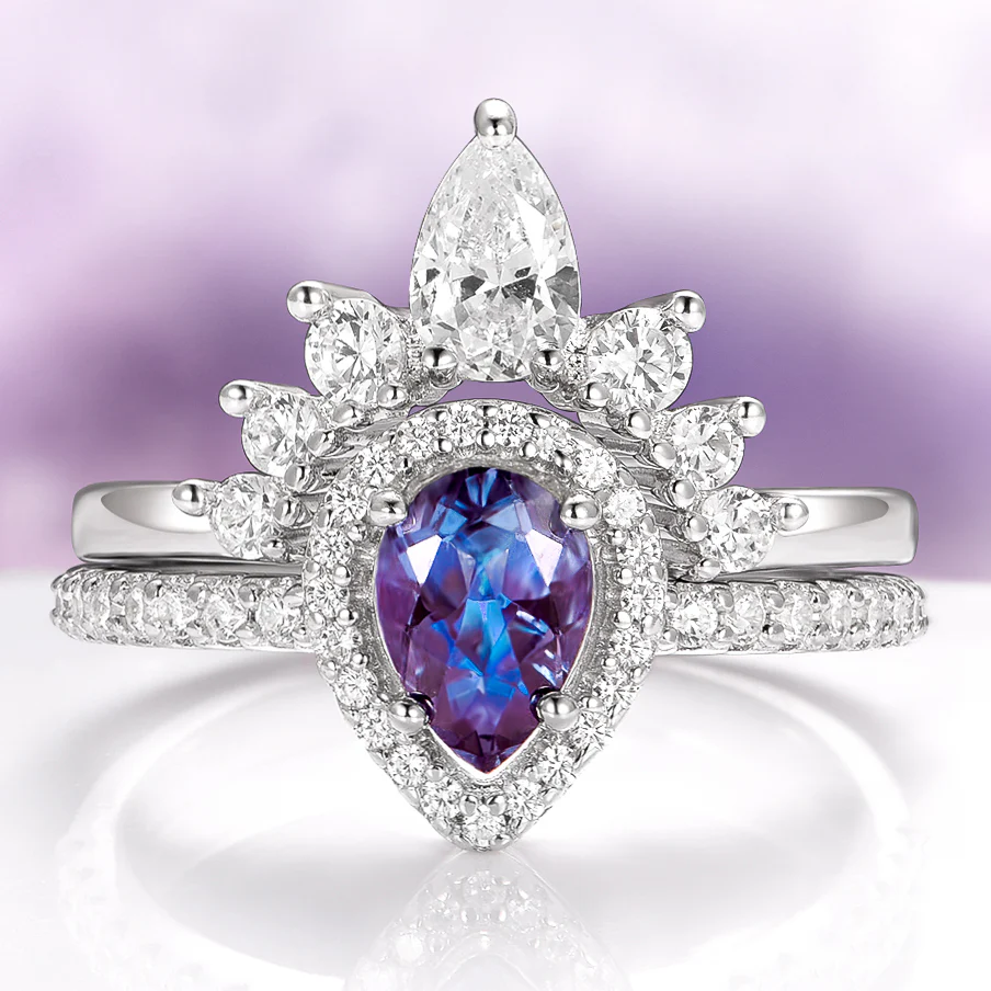 Amy Teardrop Alexandrite Engagement Ring Set in 14K White Gold