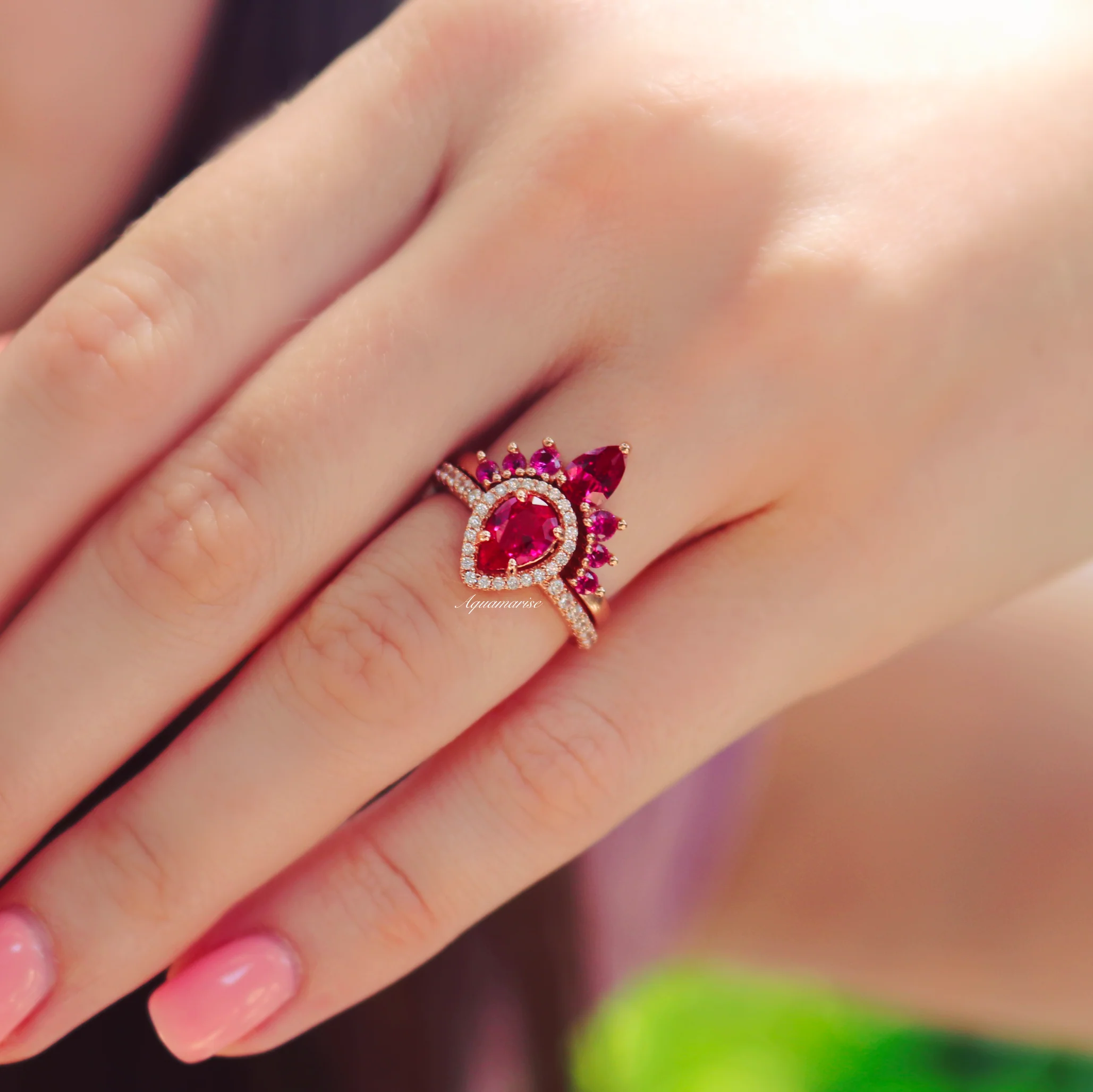 Amy Teardrop Lab-Grown Ruby Ring Set in 14K Rose Gold Vermeil - Image 2