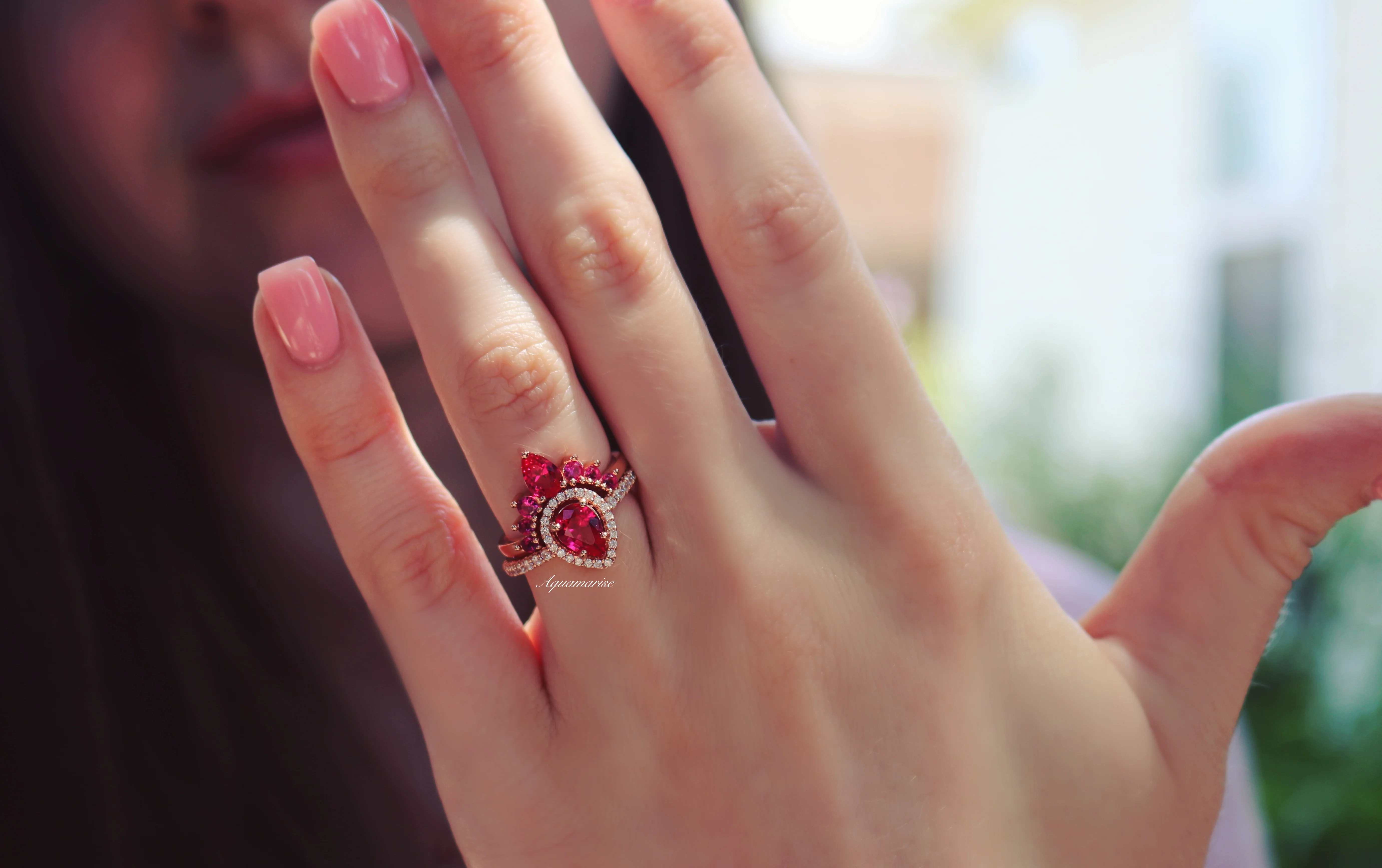 Amy Teardrop Lab-Grown Ruby Ring Set in 14K Rose Gold Vermeil - Image 3