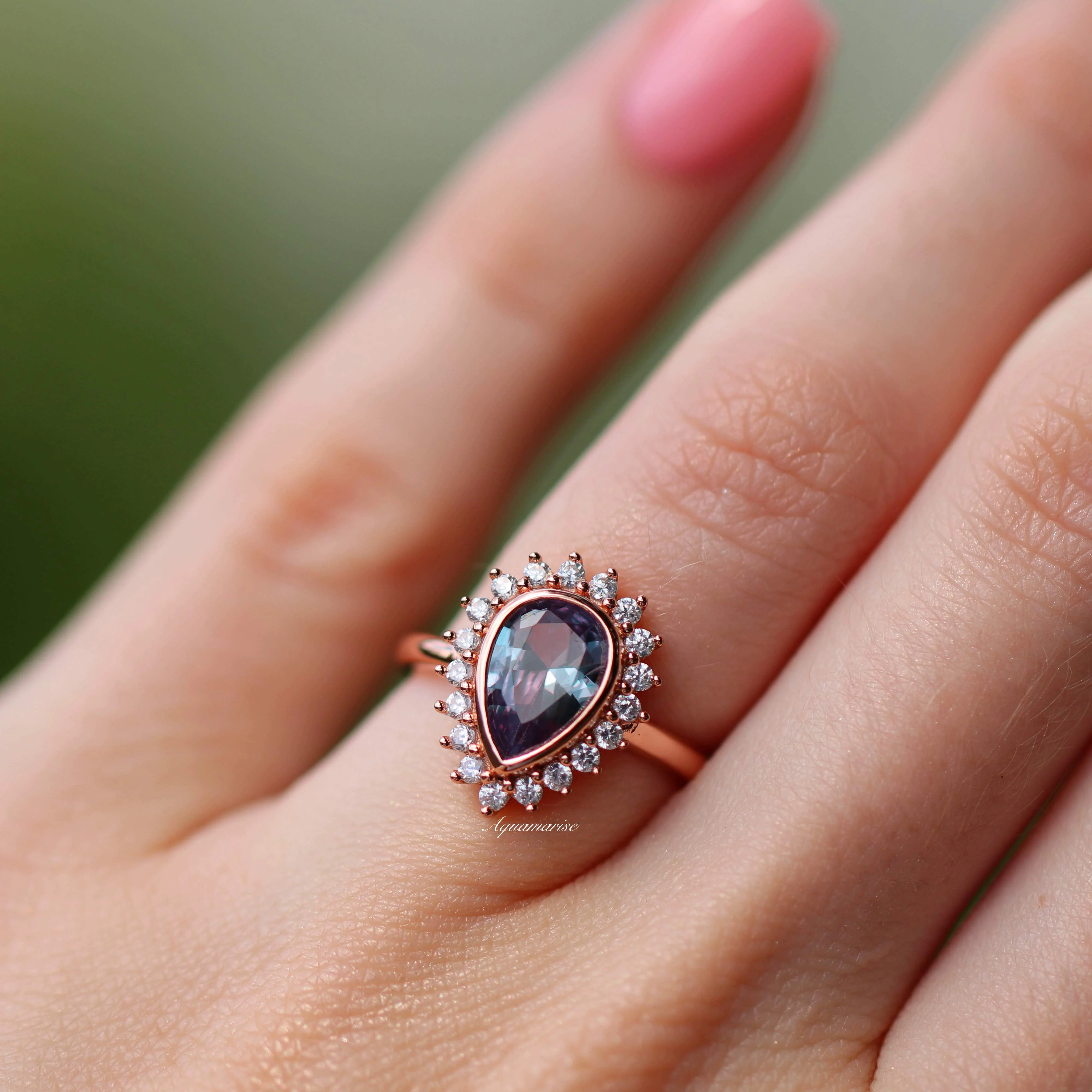 Lab Alexandrite Halo Ring in 14K Rose Gold Vermeil - Image 5