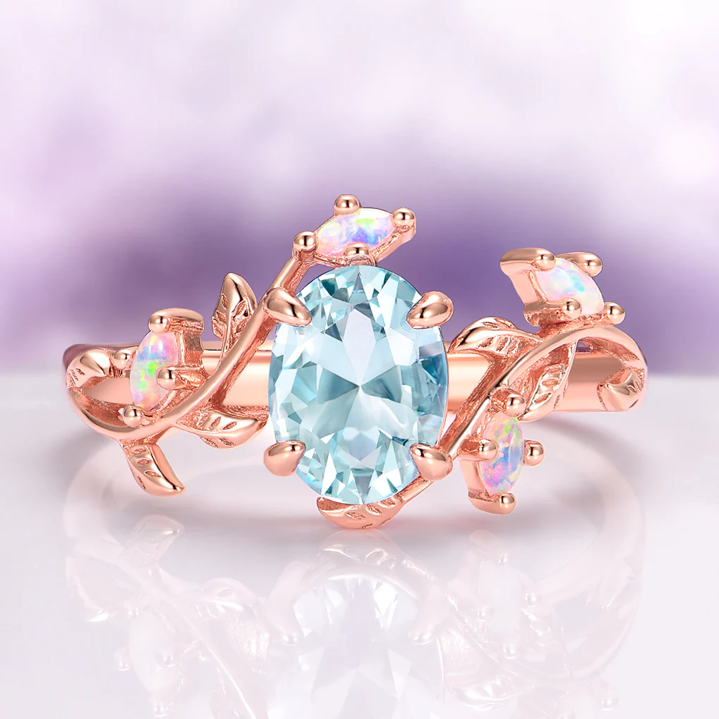 Aquamarine & Fire Opal Leaf Engagement Ring in 14K Solid Rose Gold