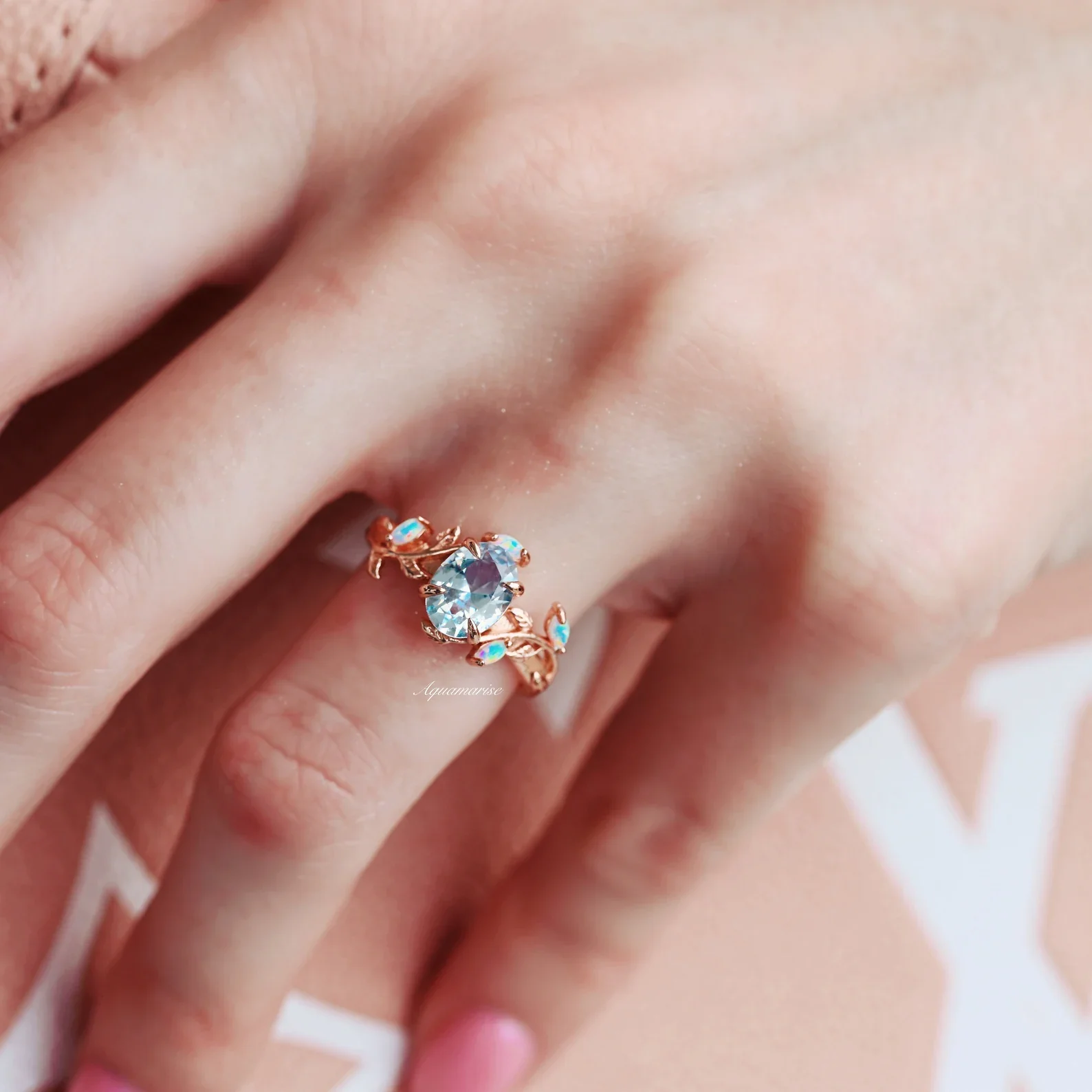 Aquamarine & Fire Opal Leaf Engagement Ring in 14K Solid Rose Gold - Image 2