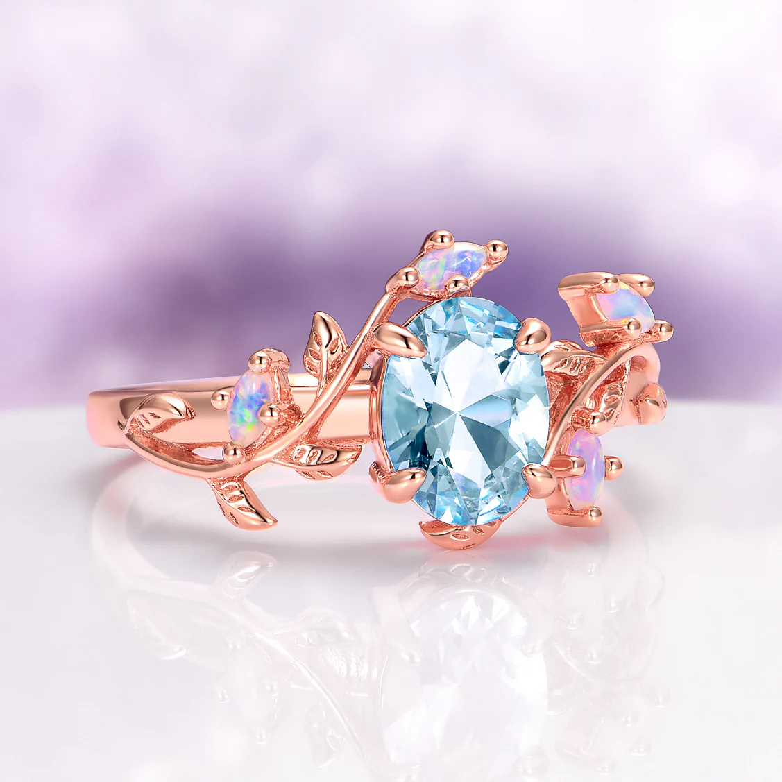 Aquamarine & Fire Opal Leaf Engagement Ring in 14K Solid Rose Gold - Image 5