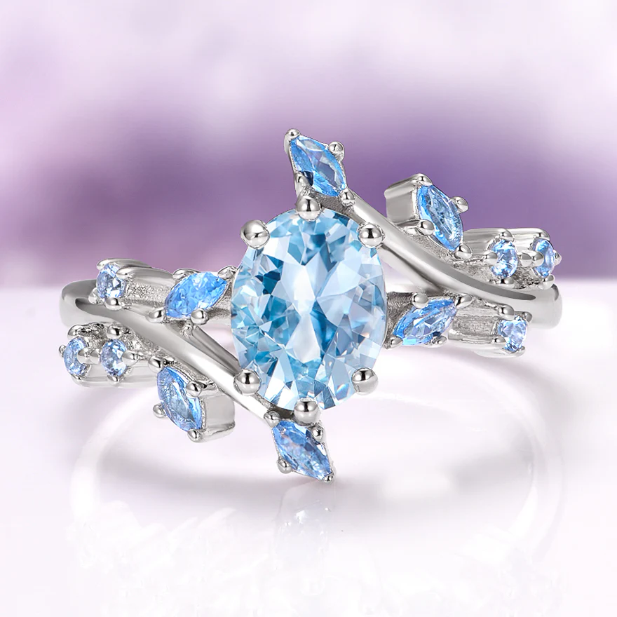 Aquamarine Fairy Leaf Engagement Ring in 14K White Gold
