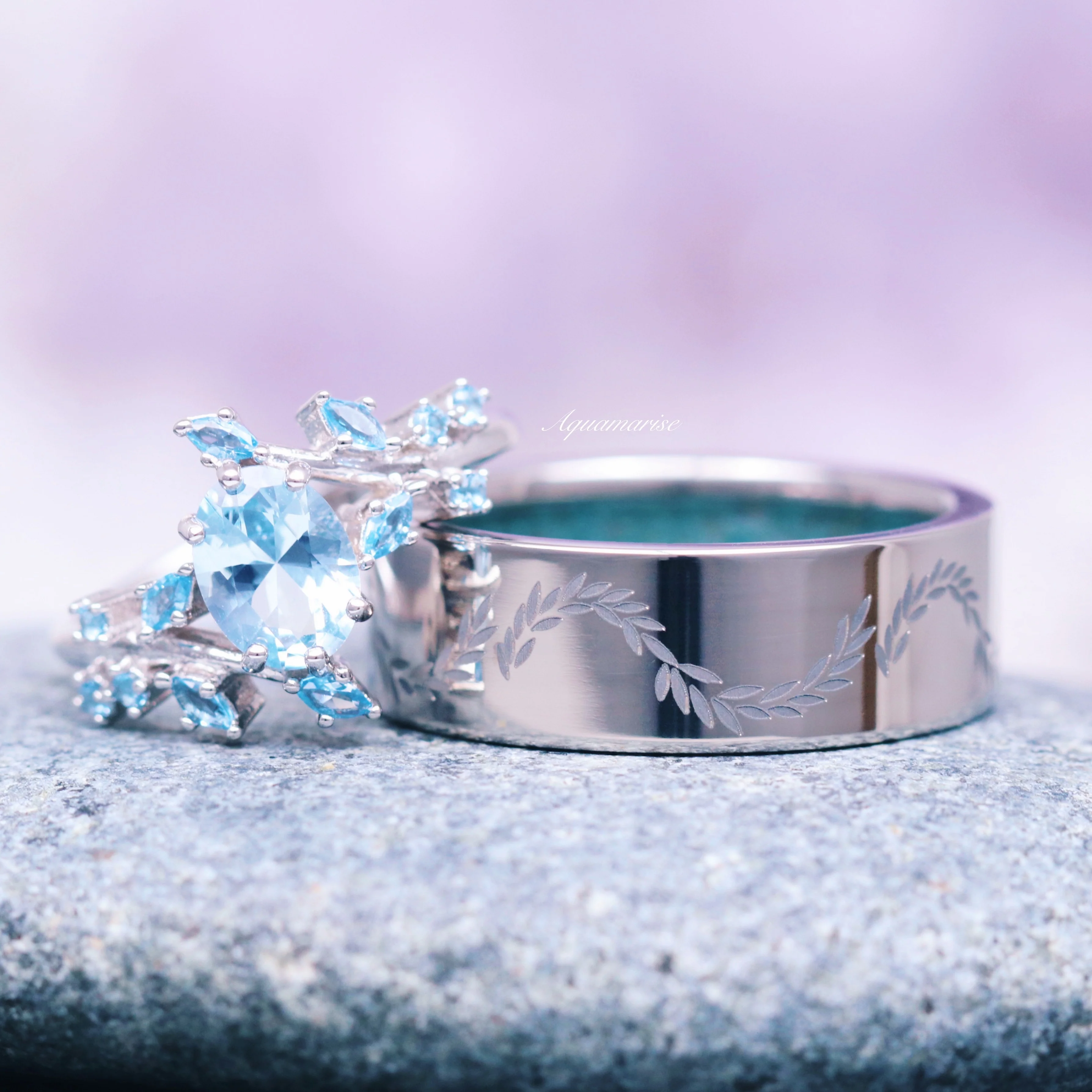 Aquamarine Fairy Leaf Engagement Ring in 14K White Gold - Image 4