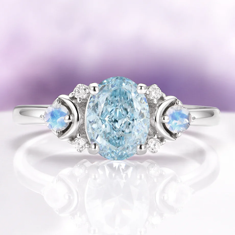 Aquamarine & Crescent Moonstone Ring in Sterling Silver