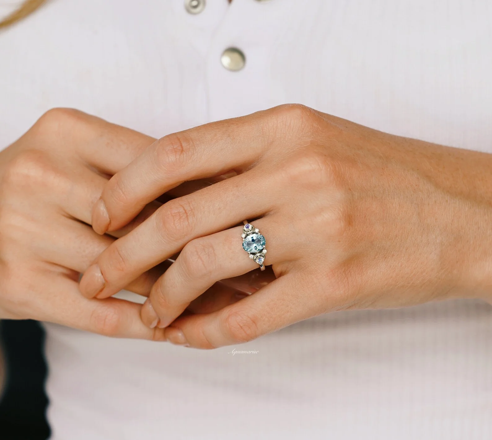 Aquamarine & Crescent Moonstone Ring in Sterling Silver - Image 2