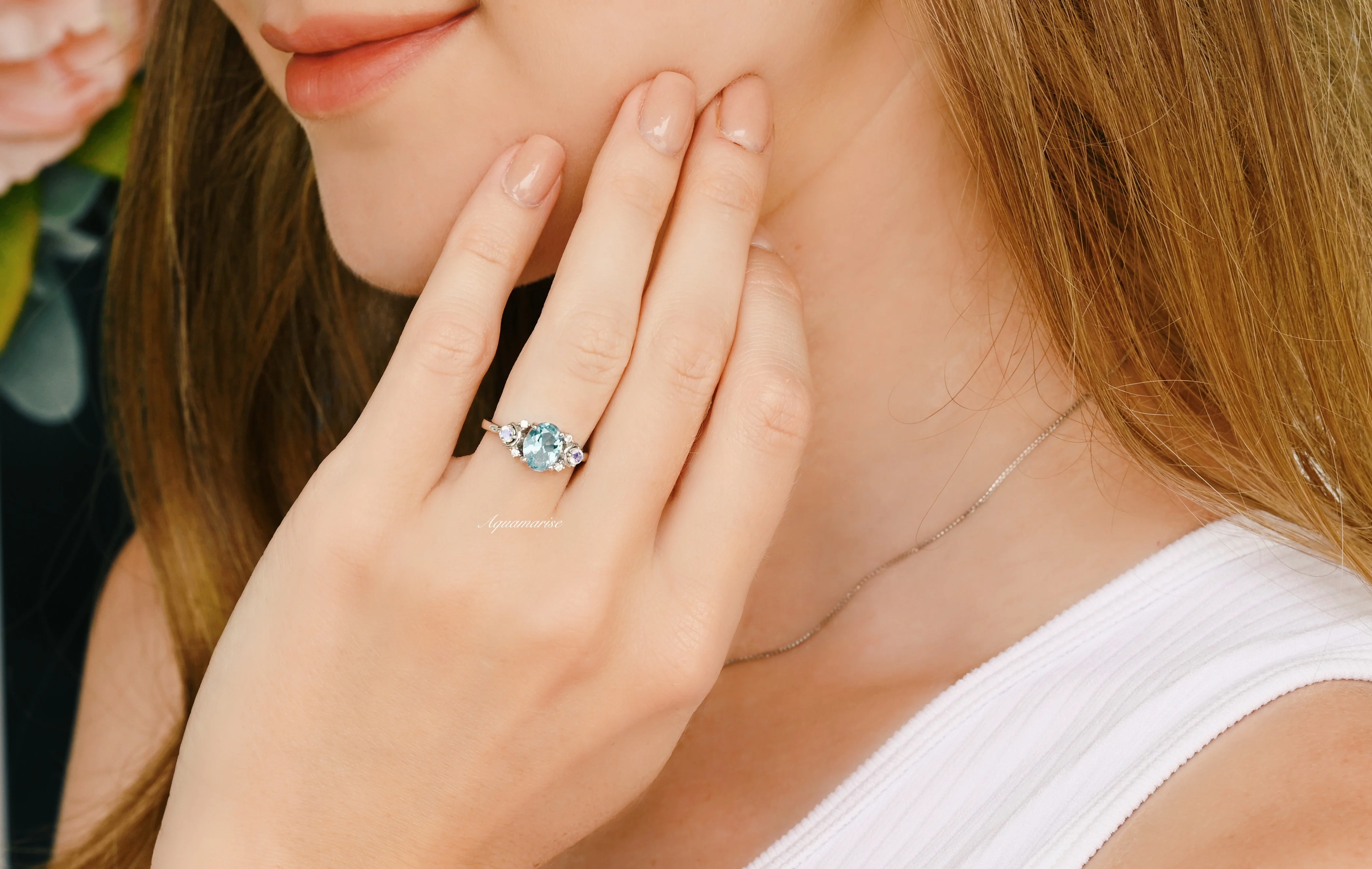 Aquamarine & Crescent Moonstone Ring in Sterling Silver - Image 3