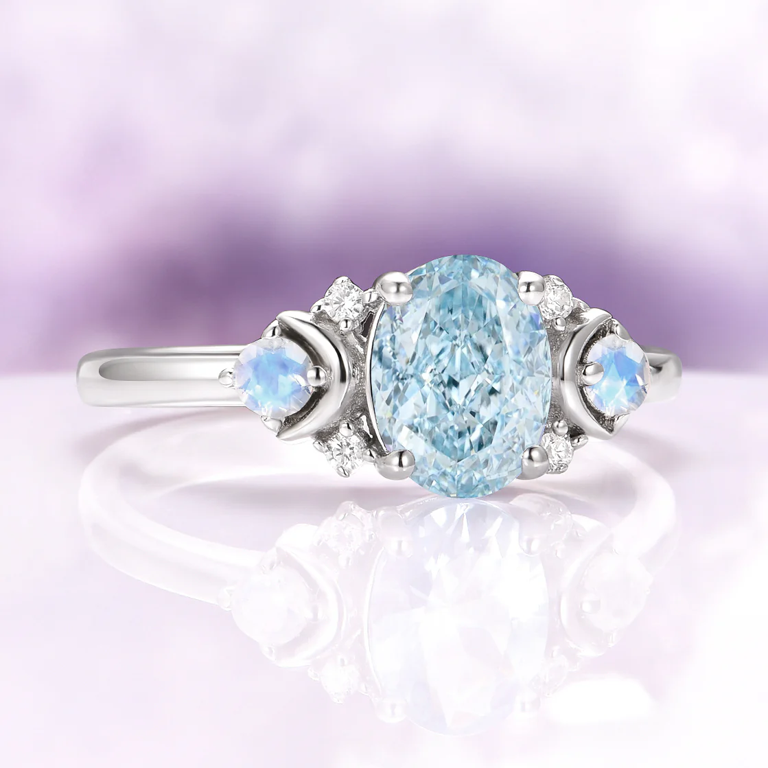 Aquamarine & Crescent Moonstone Ring in Sterling Silver - Image 5