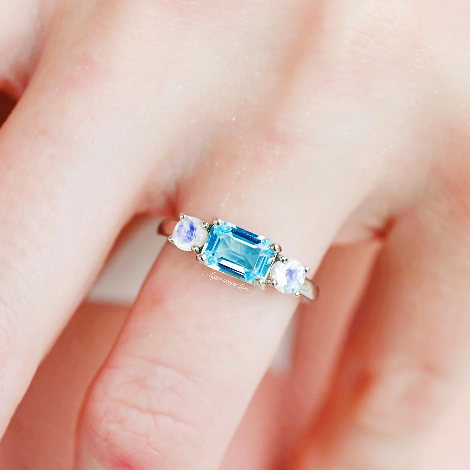 Emerald Cut Aquamarine and Moonstone Engagement Ring in 14K White Gold - Image 3