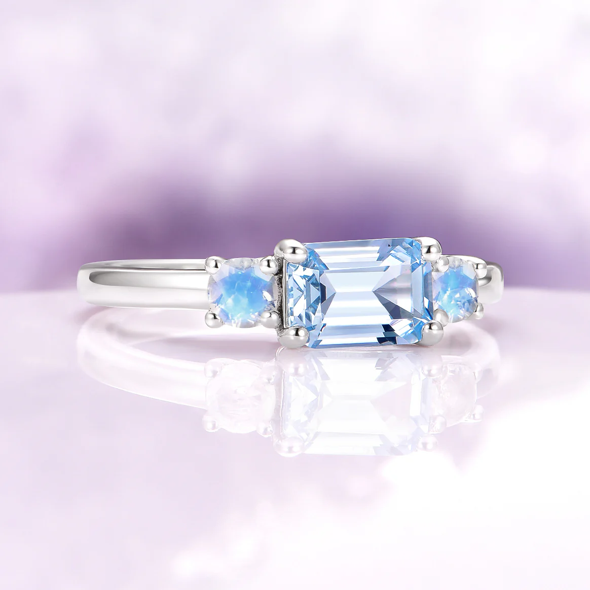 Emerald Cut Aquamarine and Moonstone Engagement Ring in 14K White Gold - Image 6