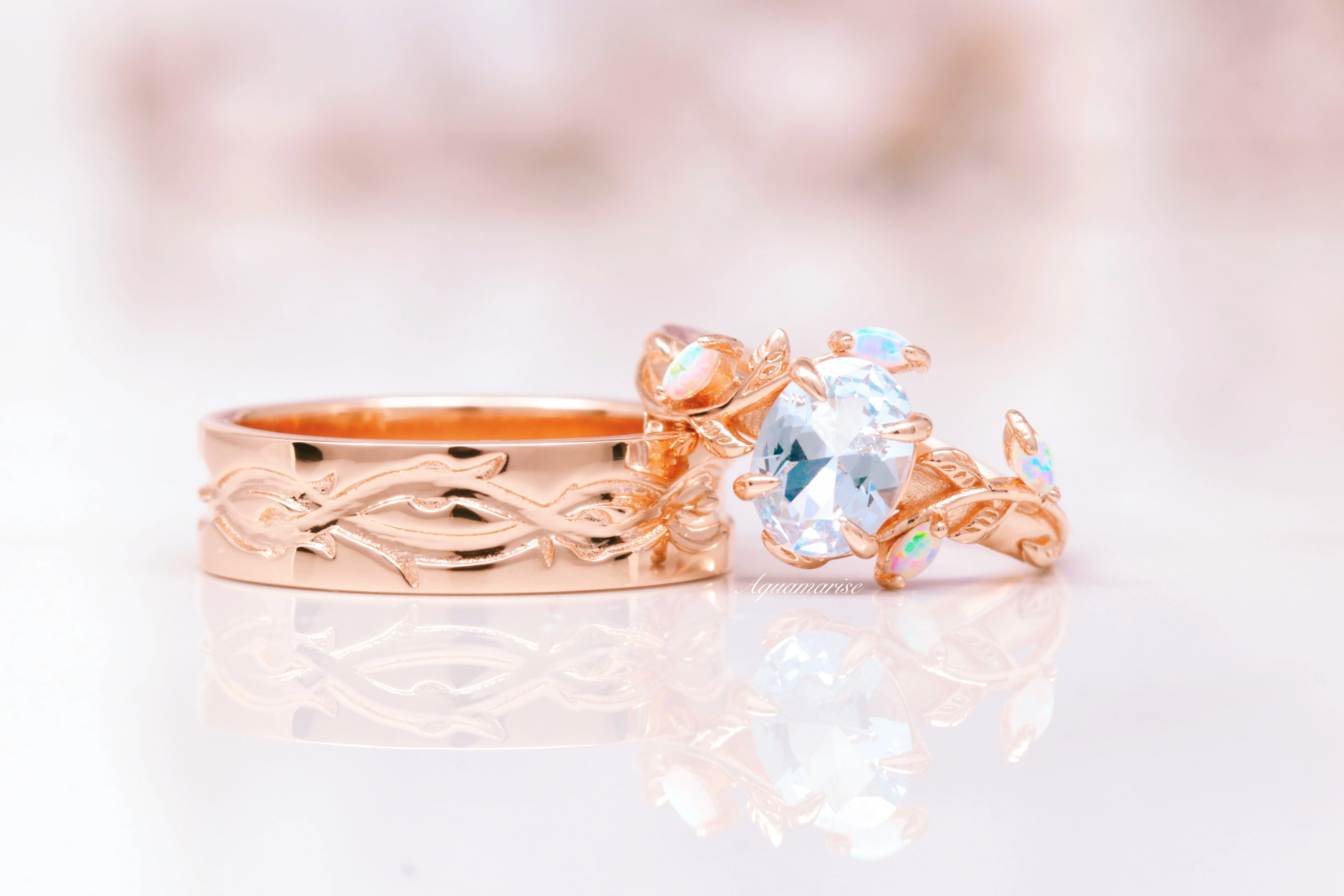 Aquamarine & Fire Opal Leaf Engagement Ring in 14K Rose Gold Vermeil - Image 2