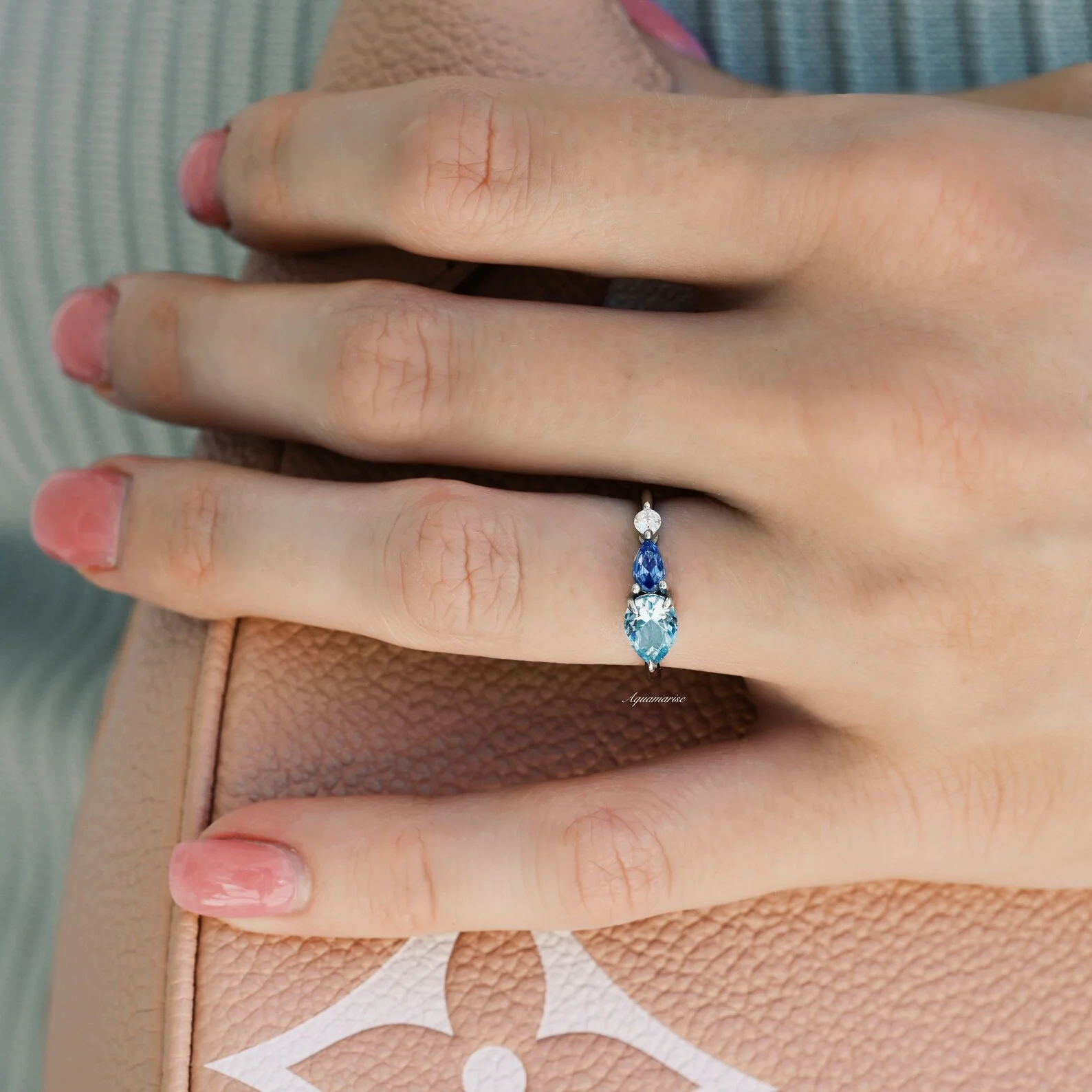 Aquamarine and Tanzanite Dainty Engagement Ring in 14K White Gold - Image 4