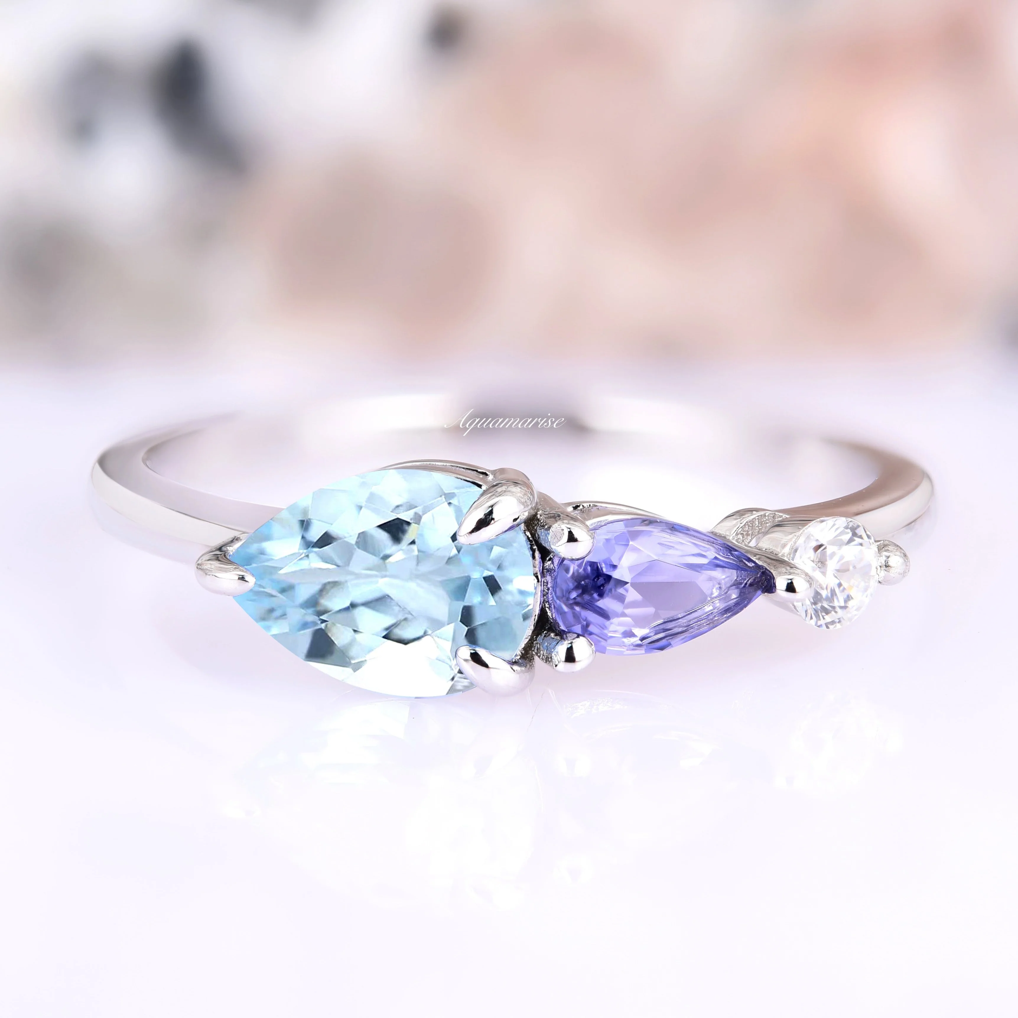 Aquamarine and Tanzanite Dainty Engagement Ring in 14K White Gold - Image 6
