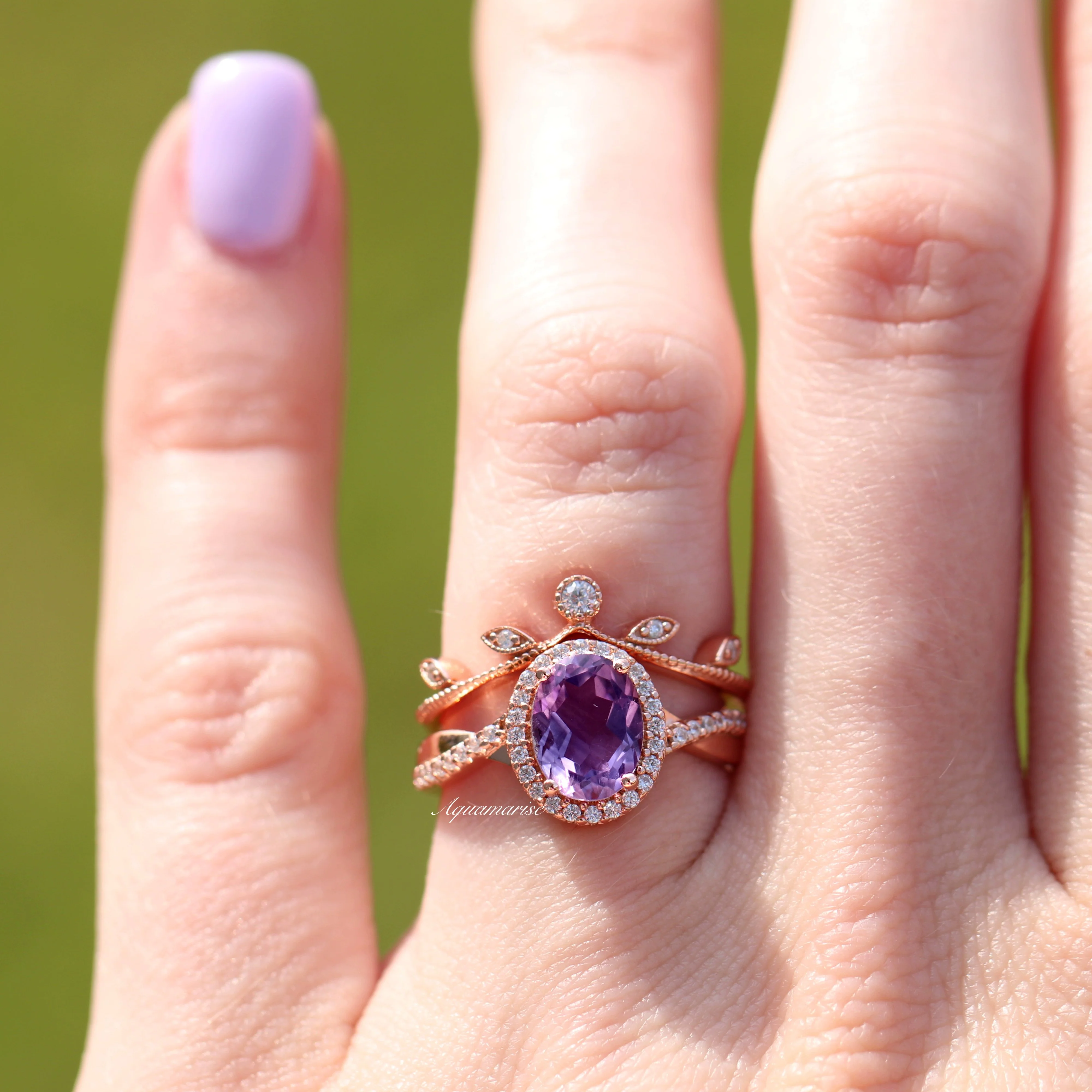 Natural Amethyst Leaf Ring Set in 14K Rose Gold Vermeil - Image 5