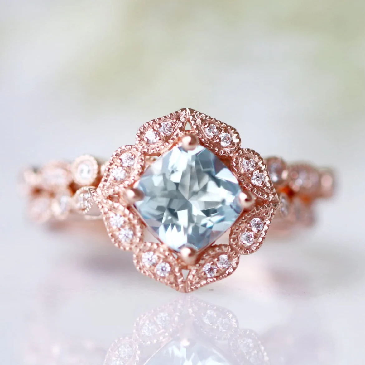 Vintage Cushion Cut Aquamarine Ring in 14k Rose Gold Vermeil - Image 2