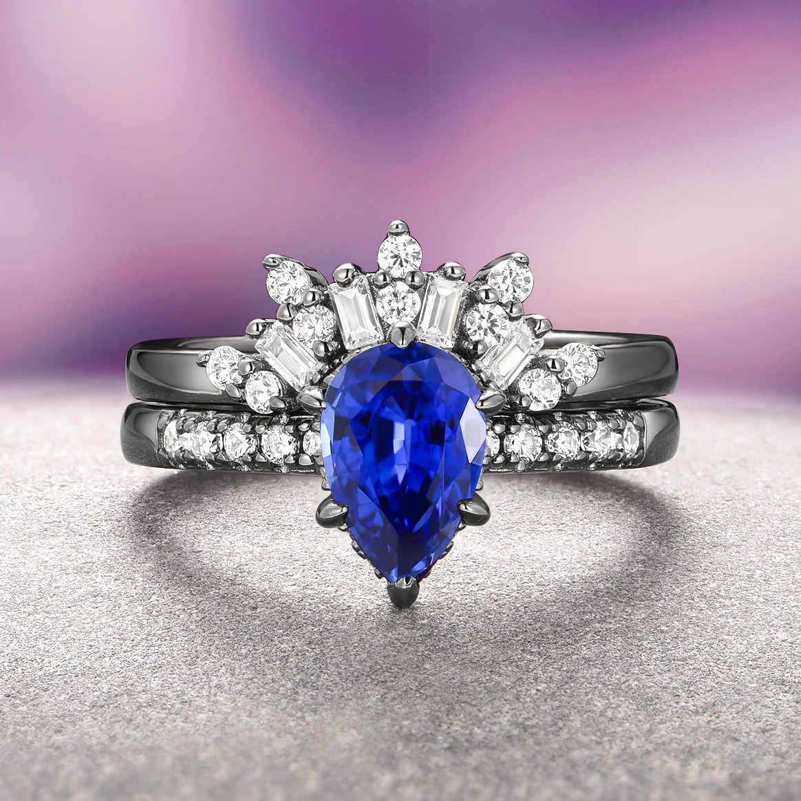 Teardrop Blue Sapphire Ring- Black Ruthenium - Image 2
