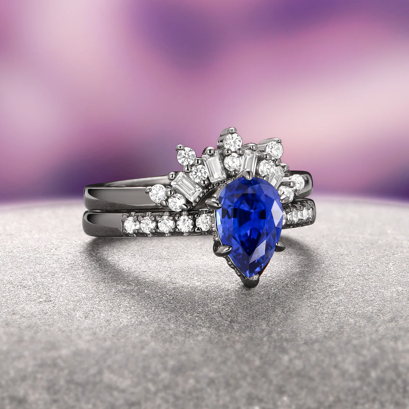 Teardrop Blue Sapphire Ring- Black Ruthenium - Image 4