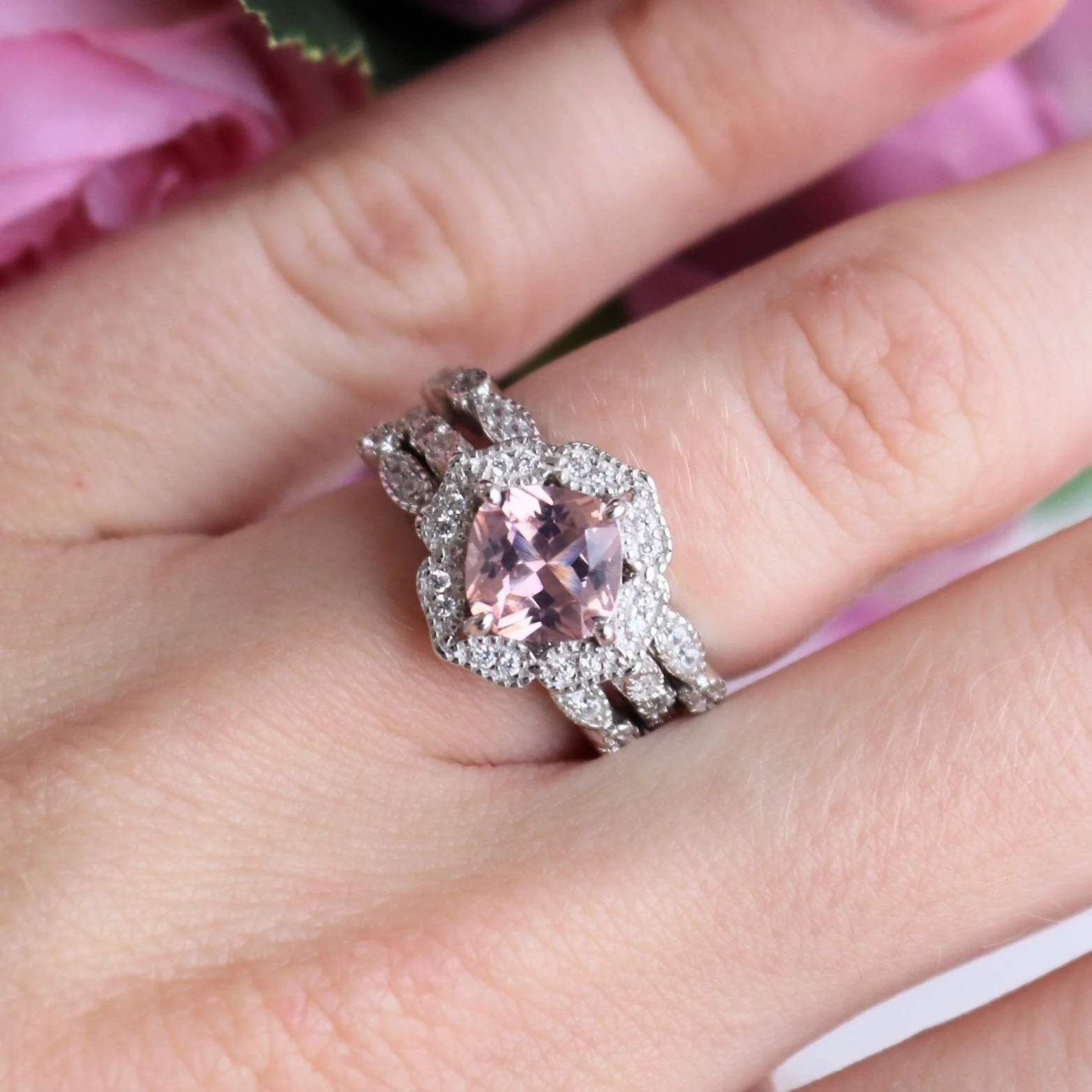 Cushion Cut Art Deco Morganite Ring in Sterling Silver - Image 3