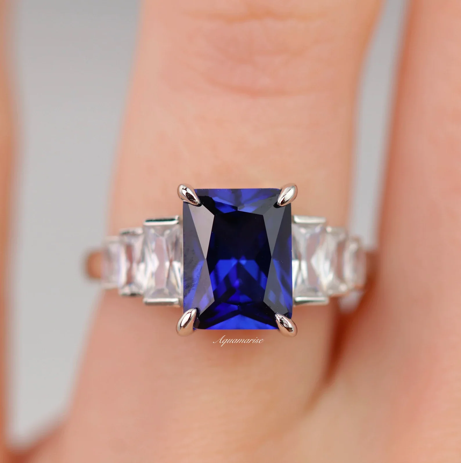 Art Deco Emerald Cut Blue Sapphire Engagement Ring in Sterling Silver - Image 2