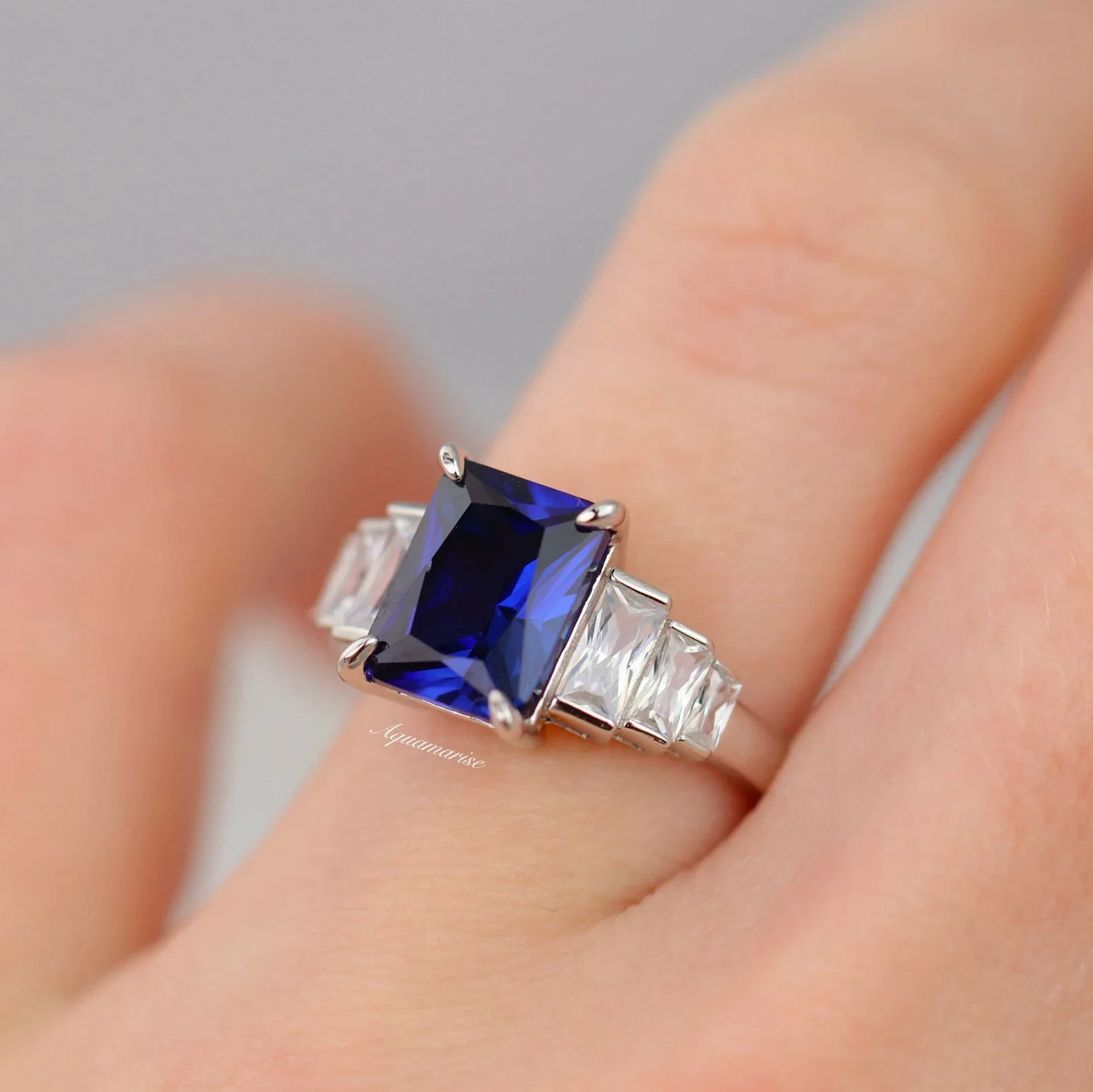 Art Deco Emerald Cut Blue Sapphire Engagement Ring in Sterling Silver - Image 3