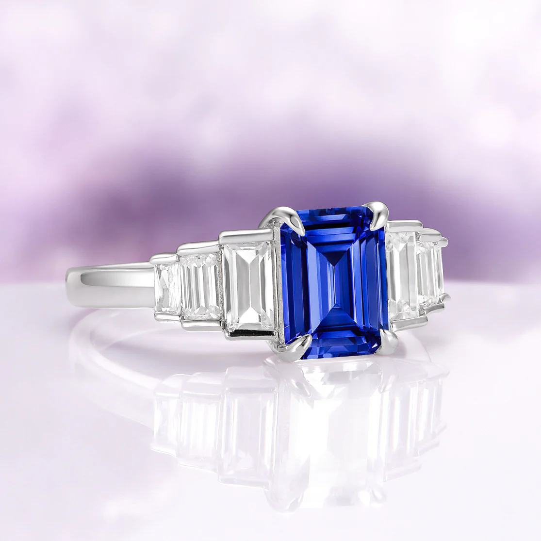 Art Deco Emerald Cut Blue Sapphire Engagement Ring in Sterling Silver - Image 4