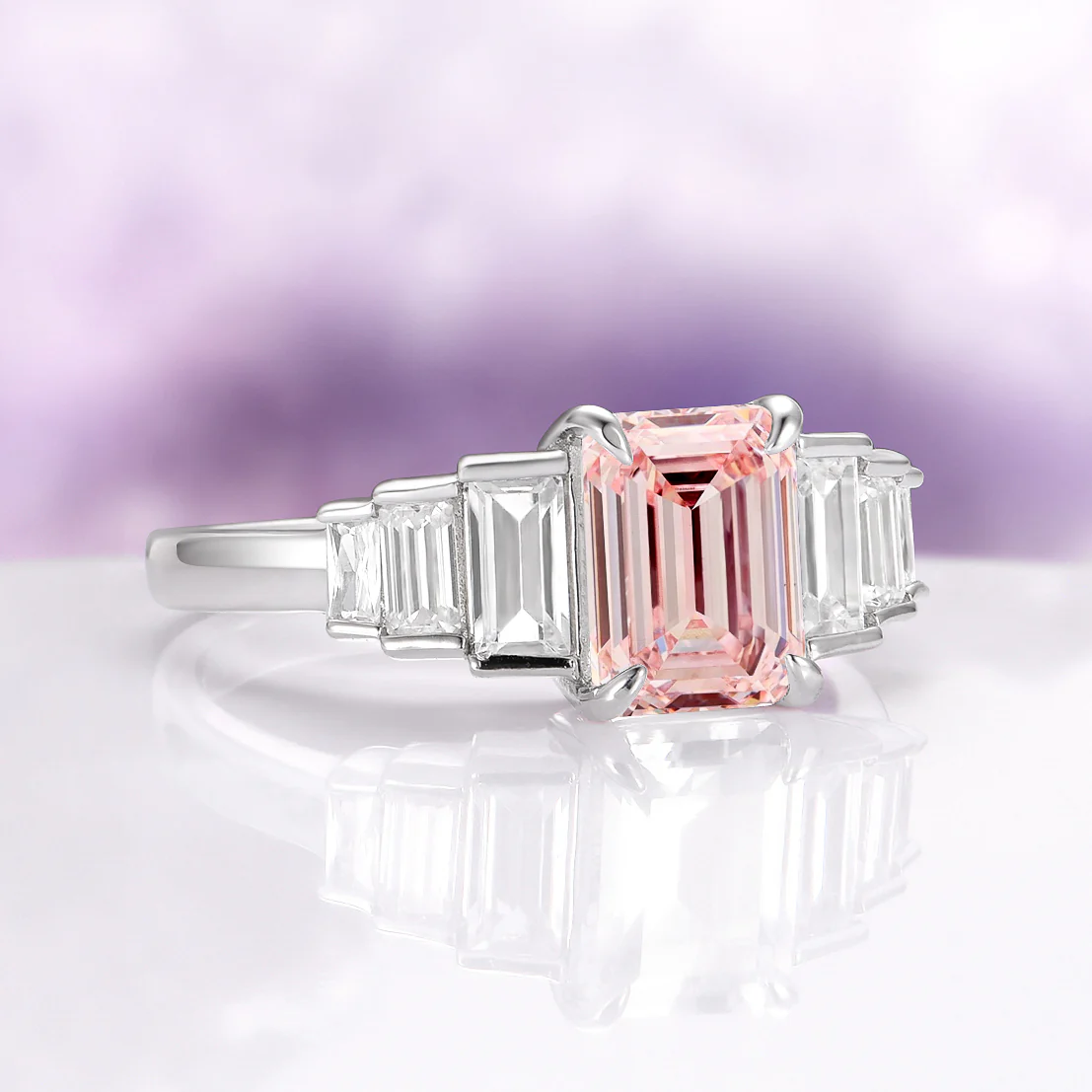 Art Deco Emerald Cut Morganite Engagement Ring in Sterling Silver - Image 2