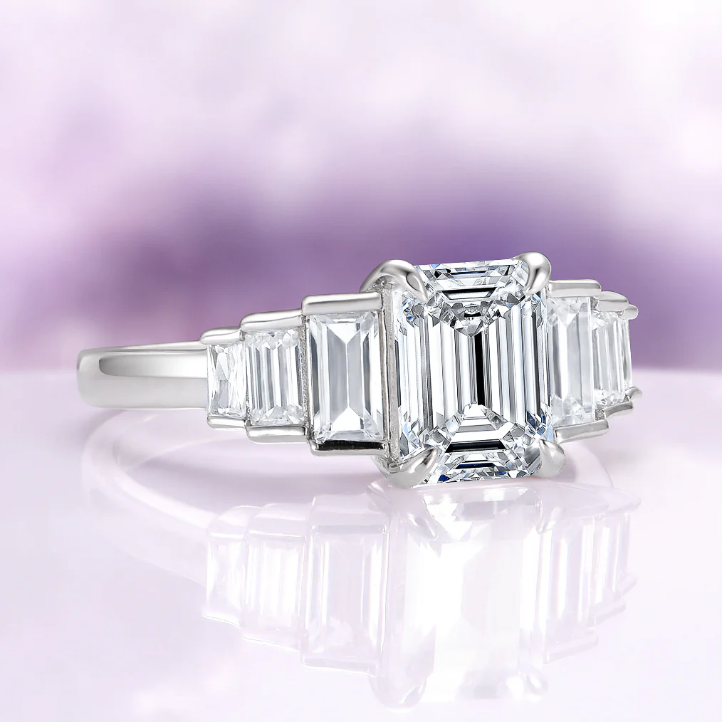 Art Deco Emerald Cut White Sapphire Engagement Ring in Sterling Silver - Image 2