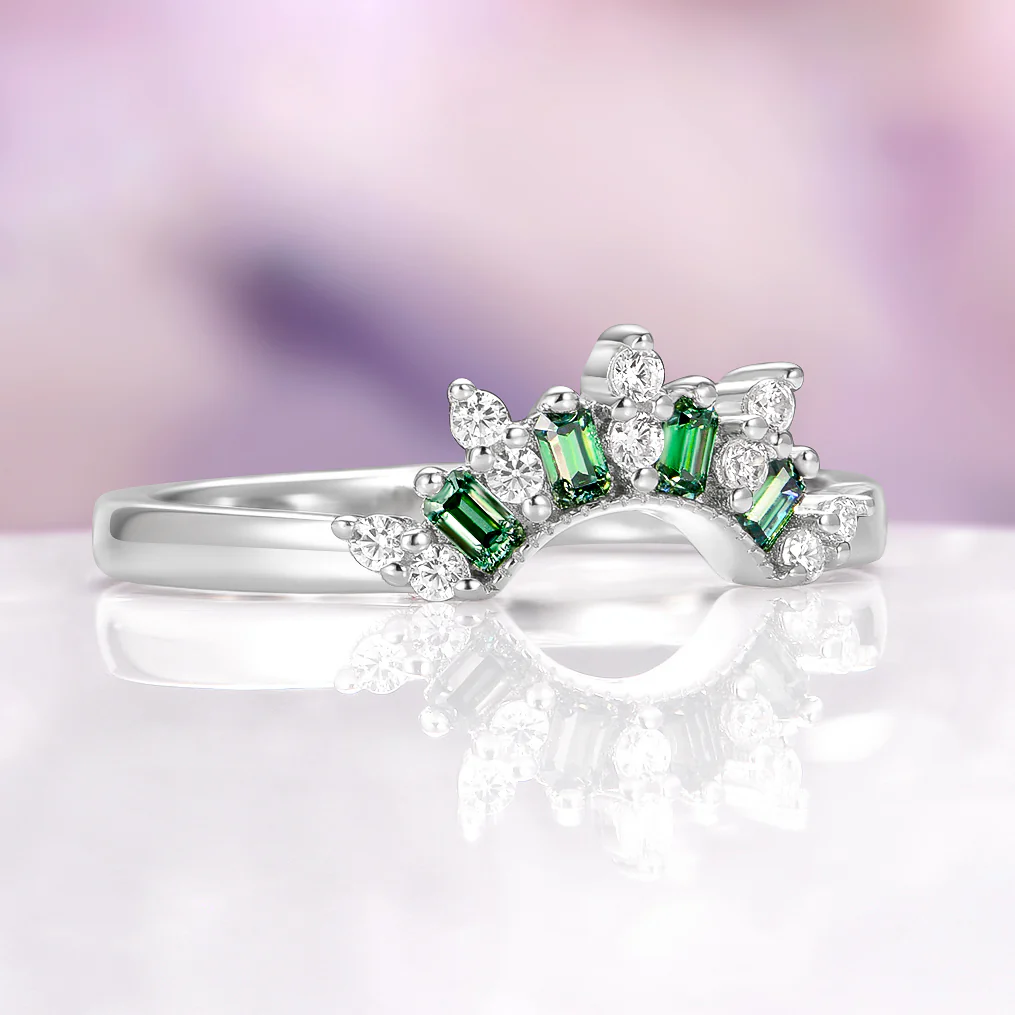 Art Deco Forest Green Lab Diamond Crown Wedding Band in 14K White Gold - Image 3