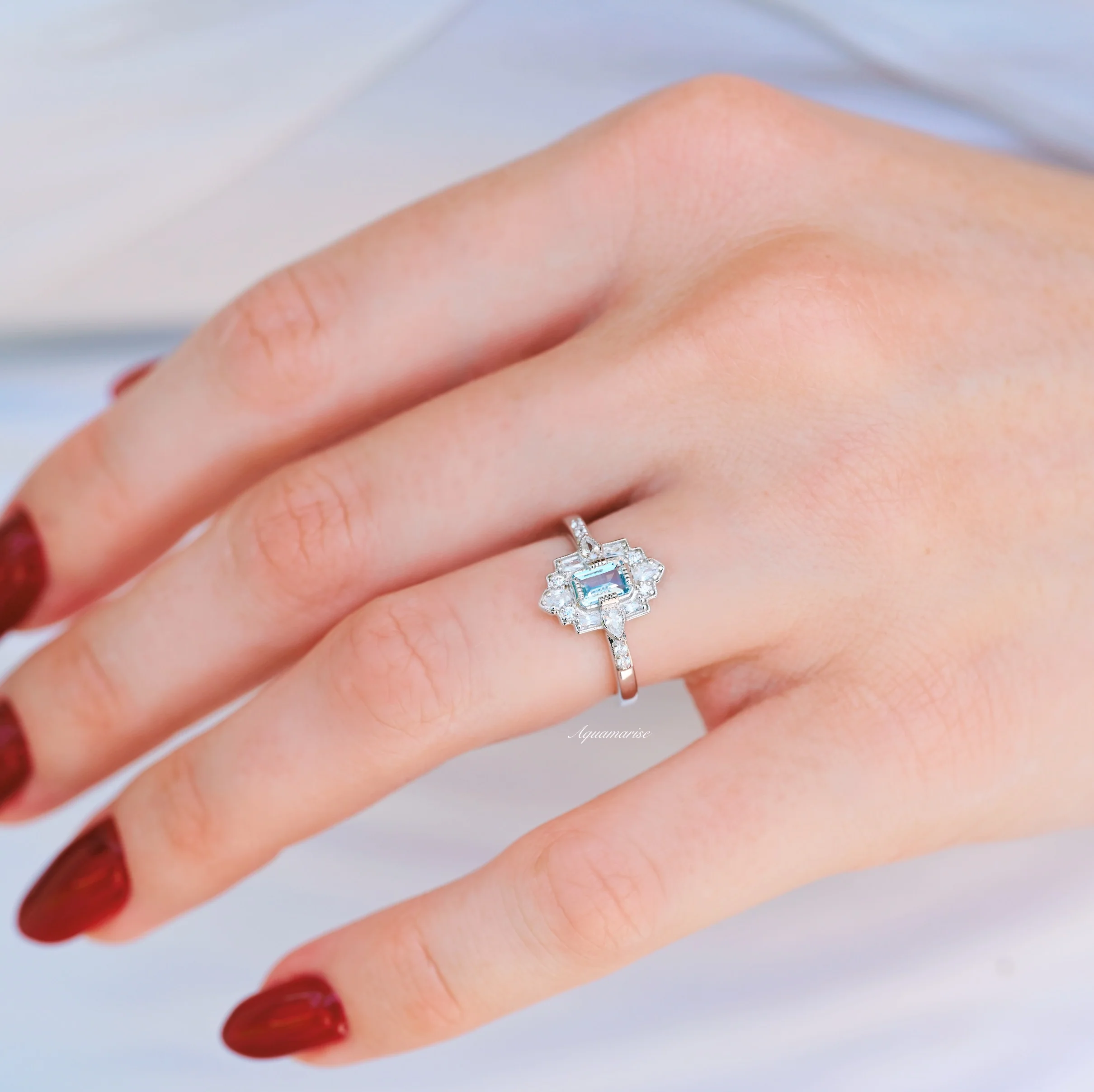 Art Deco Mosaic Aquamarine Engagement Ring in 14K White Gold - Image 2