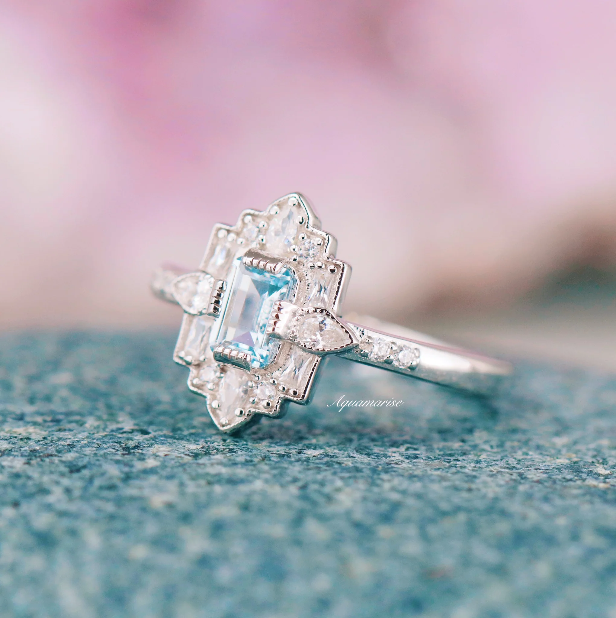 Art Deco Mosaic Aquamarine Engagement Ring in 14K White Gold - Image 3