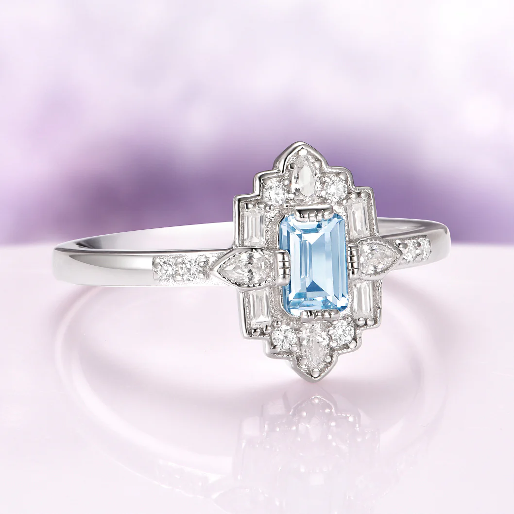 Art Deco Mosaic Aquamarine Engagement Ring in 14K White Gold - Image 4