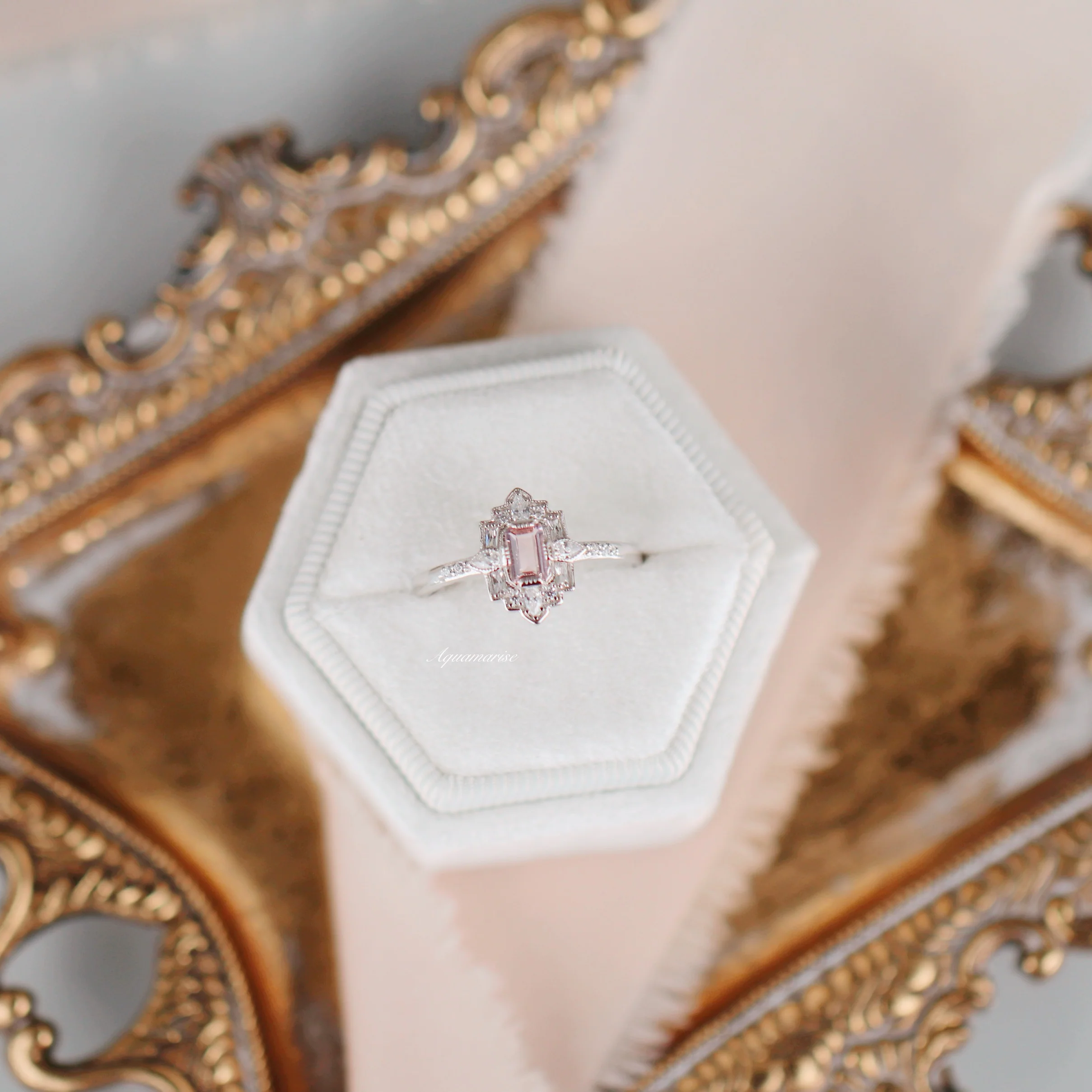 Art Deco Mosaic Morganite Couples Ring Set - Image 8